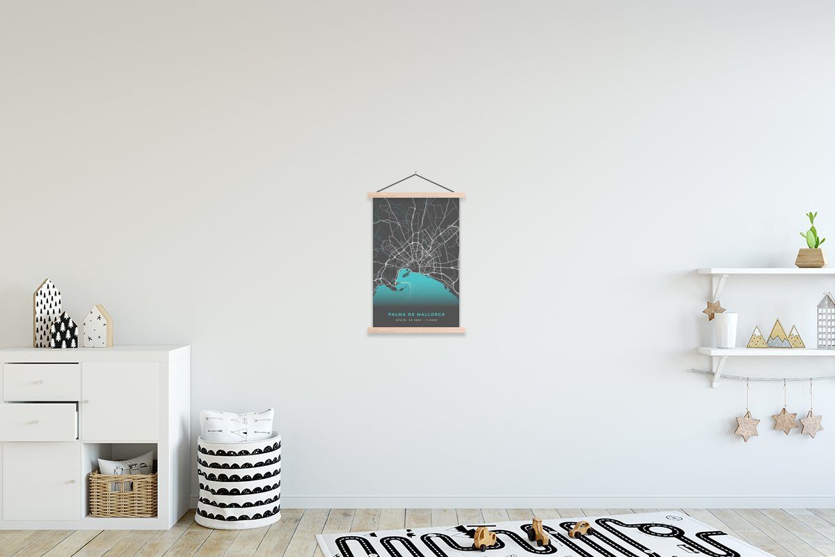 MuchoWow Poster Magnetisch Wohnzimmer, Blau, Mallorca Textilposter - Bilderleiste, - Stadtplan Karte (1 für - St), Posterleiste