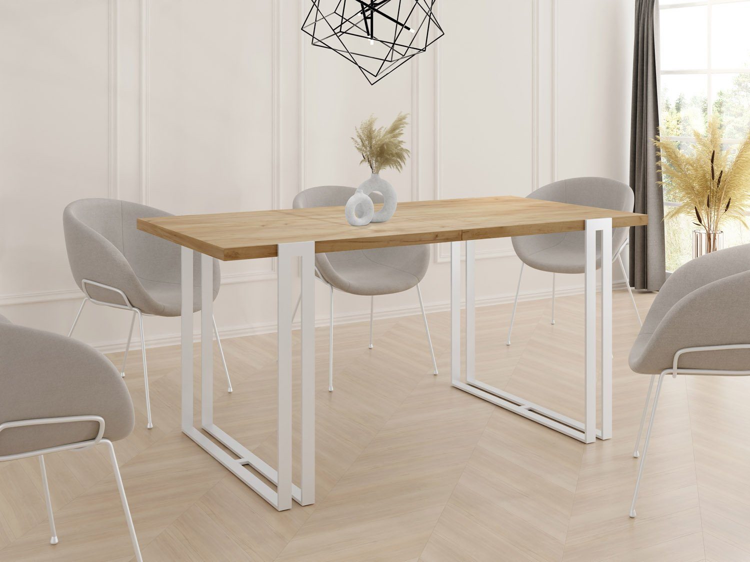 WFL GROUP Esstisch Lilo, Craft Eiche Glamour im Loft-Stil Tisch mit Ausziehbar Metallbeinen