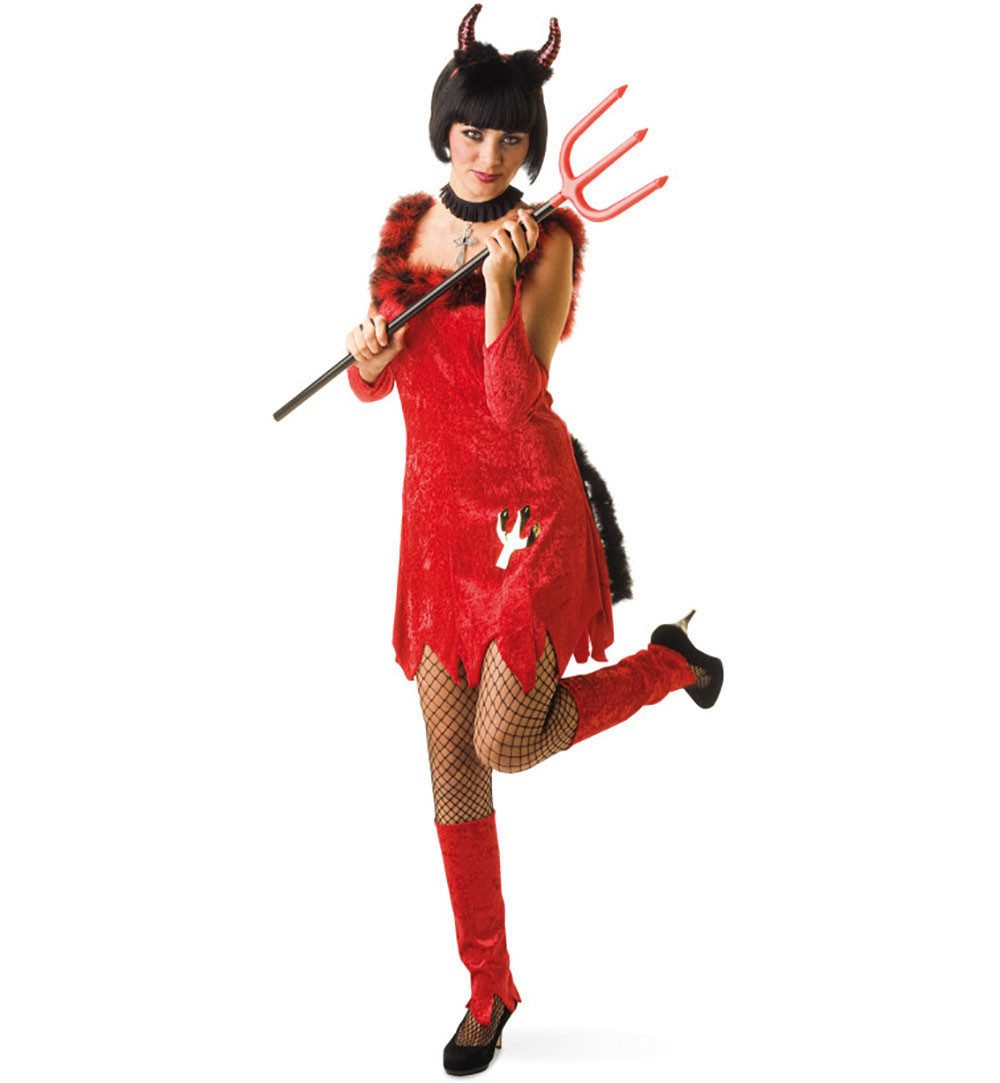 Teufel-Kostüm 3-tlg Teufelin Teufel Kleid mit Schwanz Arm & Beinstulpen Rot