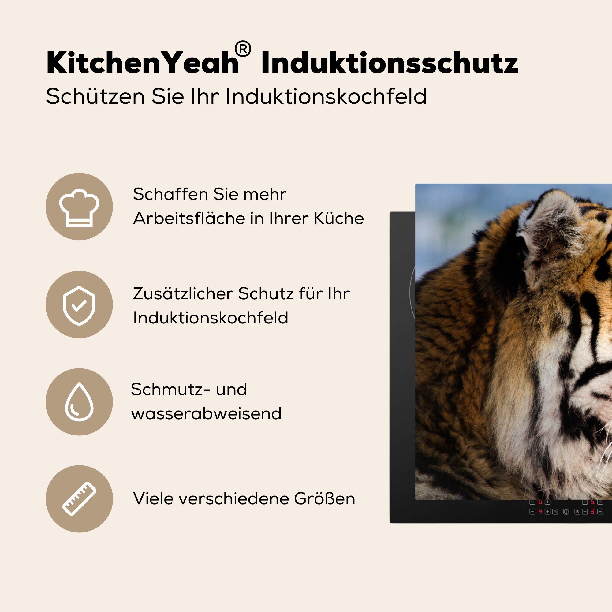 Vinyl, Schnee die - küche, cm, Herdblende-/Abdeckplatte Ceranfeldabdeckung Natur, MuchoWow Schutz für Induktionskochfeld (1 - tlg), Tiger 81x52