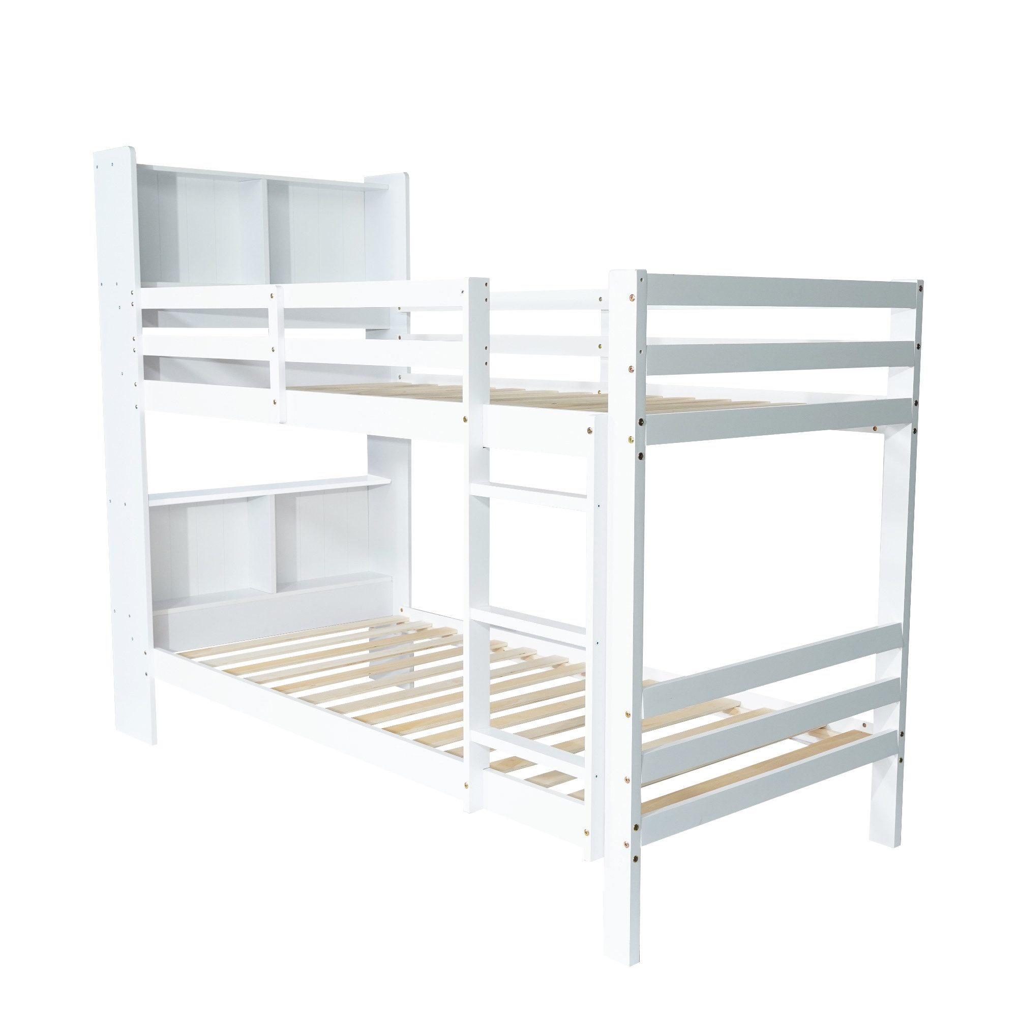 Etagenbett Kinderbett mit 2 Schlafgelegenheiten, Lattenrost, Leiter und Regal