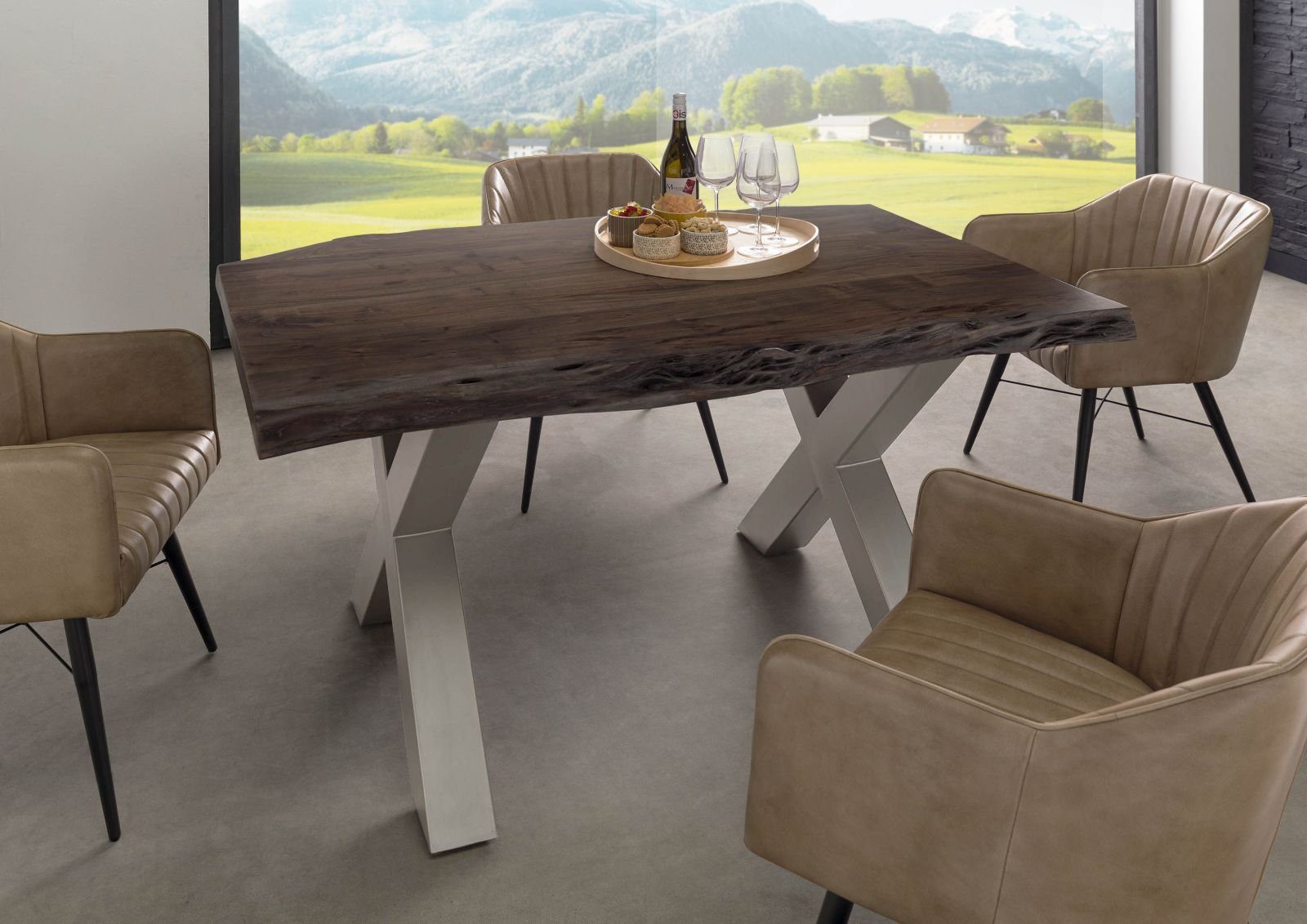 Massivmoebel24 Baumkantentisch FREEFORM (Massivholz, Massivholztisch), Baumtisch Akazie 140x90x77 grau / X-Beine silber FREEFORM 5