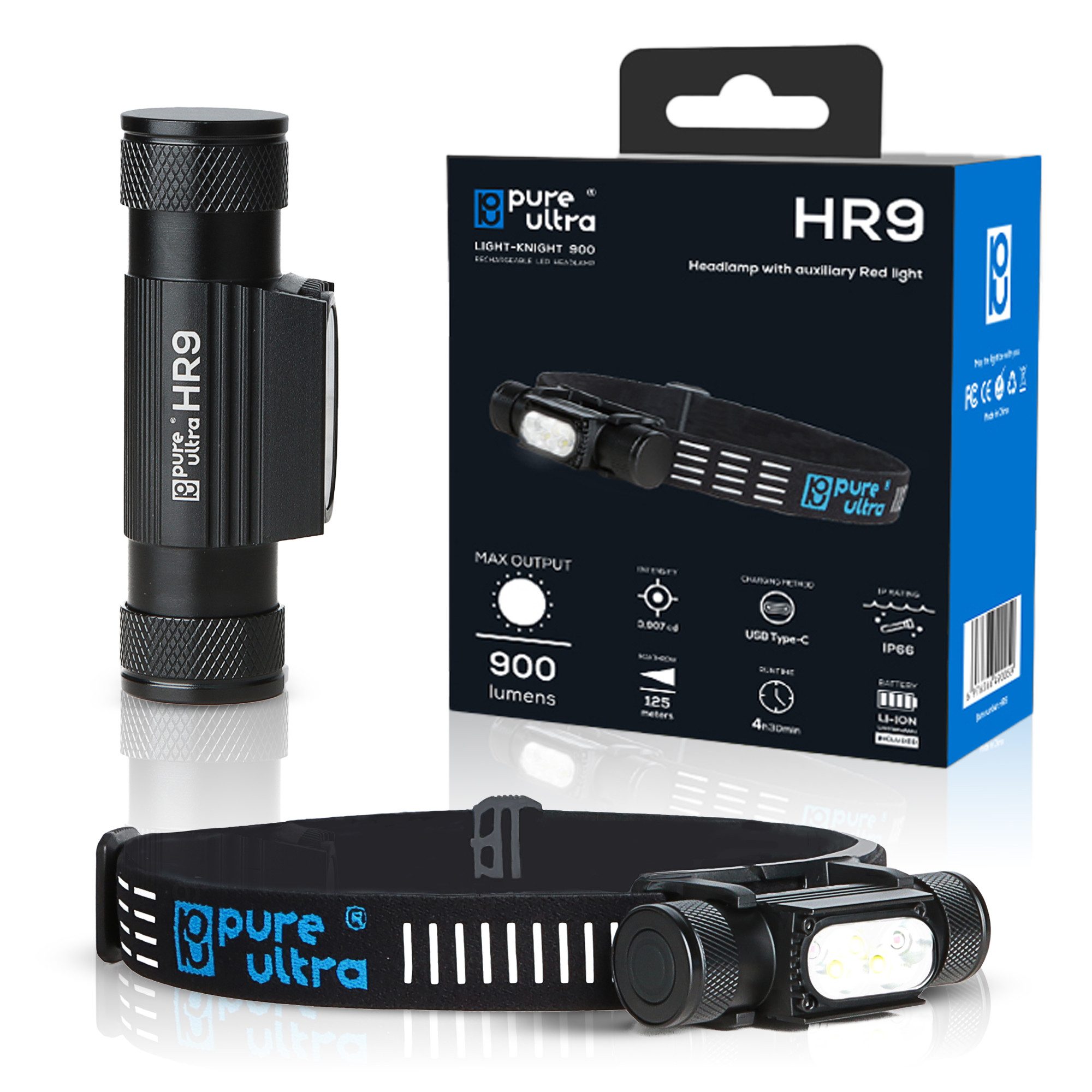 PureUltra LED Stirnlampe HR9, 180° schwenkbar, Rotlichtfunktion, USB-C, Flutlicht 155°