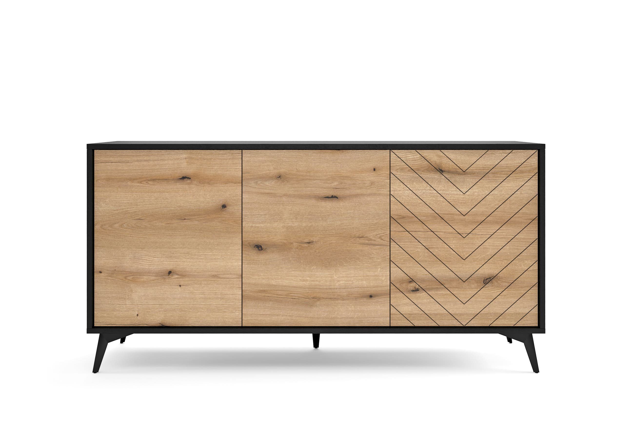 MOEBLO Kommode Onyks K154 (Sideboard Wohnzimmer Kommode Schlafzimmer Komodenschrank Highboard, schwarz/eiche Evoke Fischgrät, moderne Design), (HxBxT):77x154x39cm