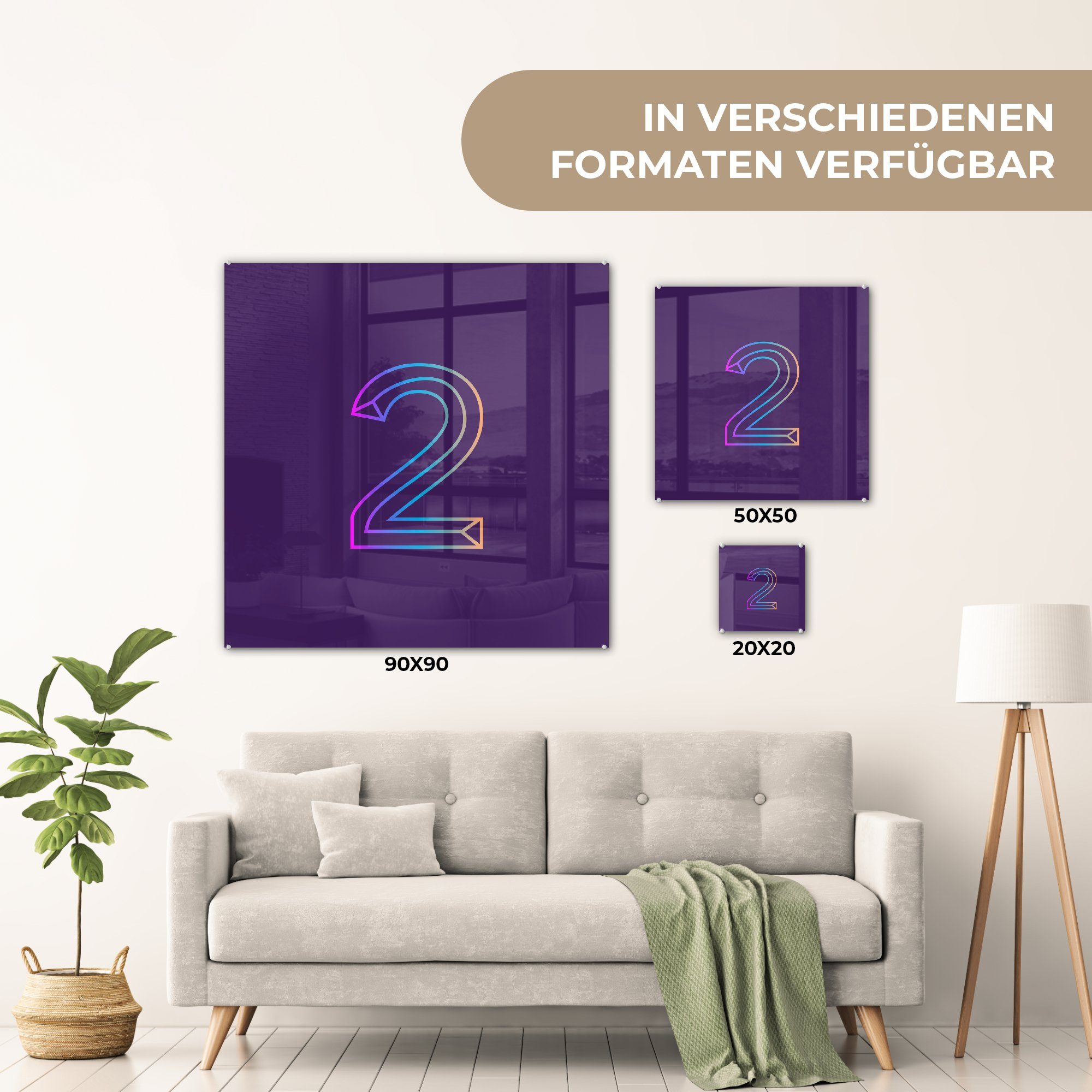 - St), einem Hintergrund, zwei auf - (1 MuchoWow auf Wanddekoration Zahl Acrylglasbild Wandbild der Illustration Glas Glasbilder auf Glas - Foto Bilder lila