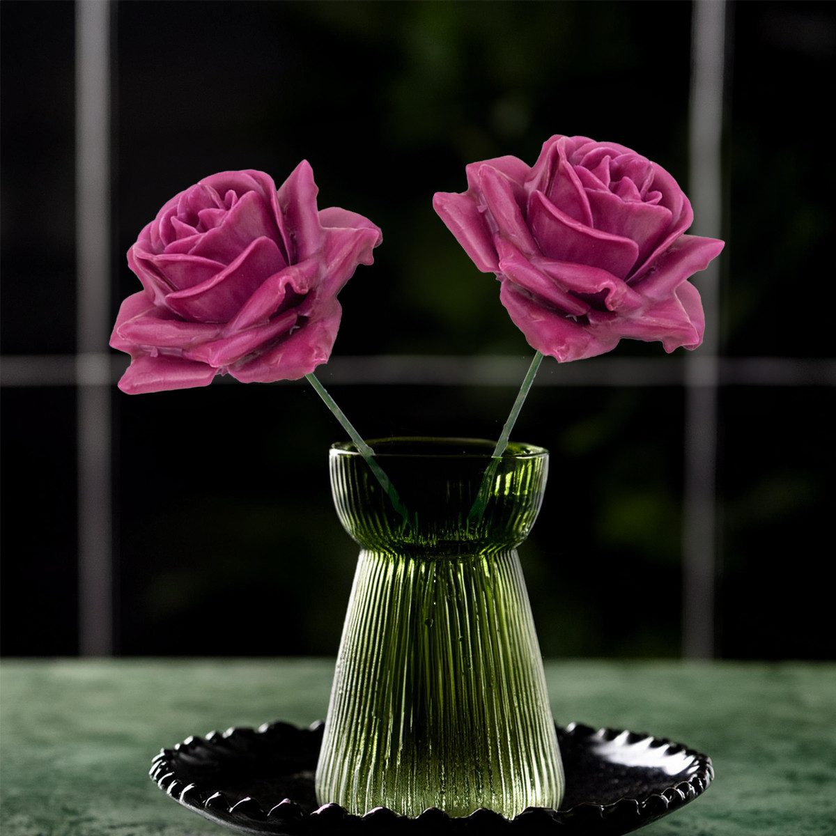 matches21 HOME & HOBBY Bilderrahmen Wachsrosen mit Stiel als Kunstrosen Rosen-Blüten in rosa pink, (2 St), 2 künstliche Wachs-Blüten Textil-Rosen Blumengestecke – Bild 3 von 5