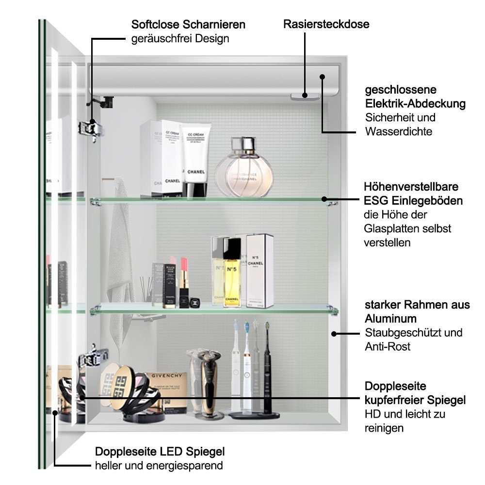 Memory-Funktion LED Beschlagfrei Kalt/Neutral/Warmweiß duschspa Spiegelschrank Touch/Wandschalter, dimmbar Beleuchtung