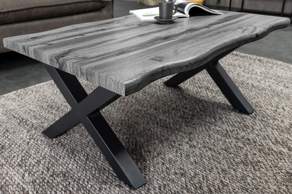 riess-ambiente Couchtisch WILD 90cm grau/schwarz - Wildeichen-Design, Baumkante, X-Gestell, FSC (Einzelartikel, 1-St), 3cm Tischplatte & Industrial Design - ideale Ergänzung zu Deiner Couch