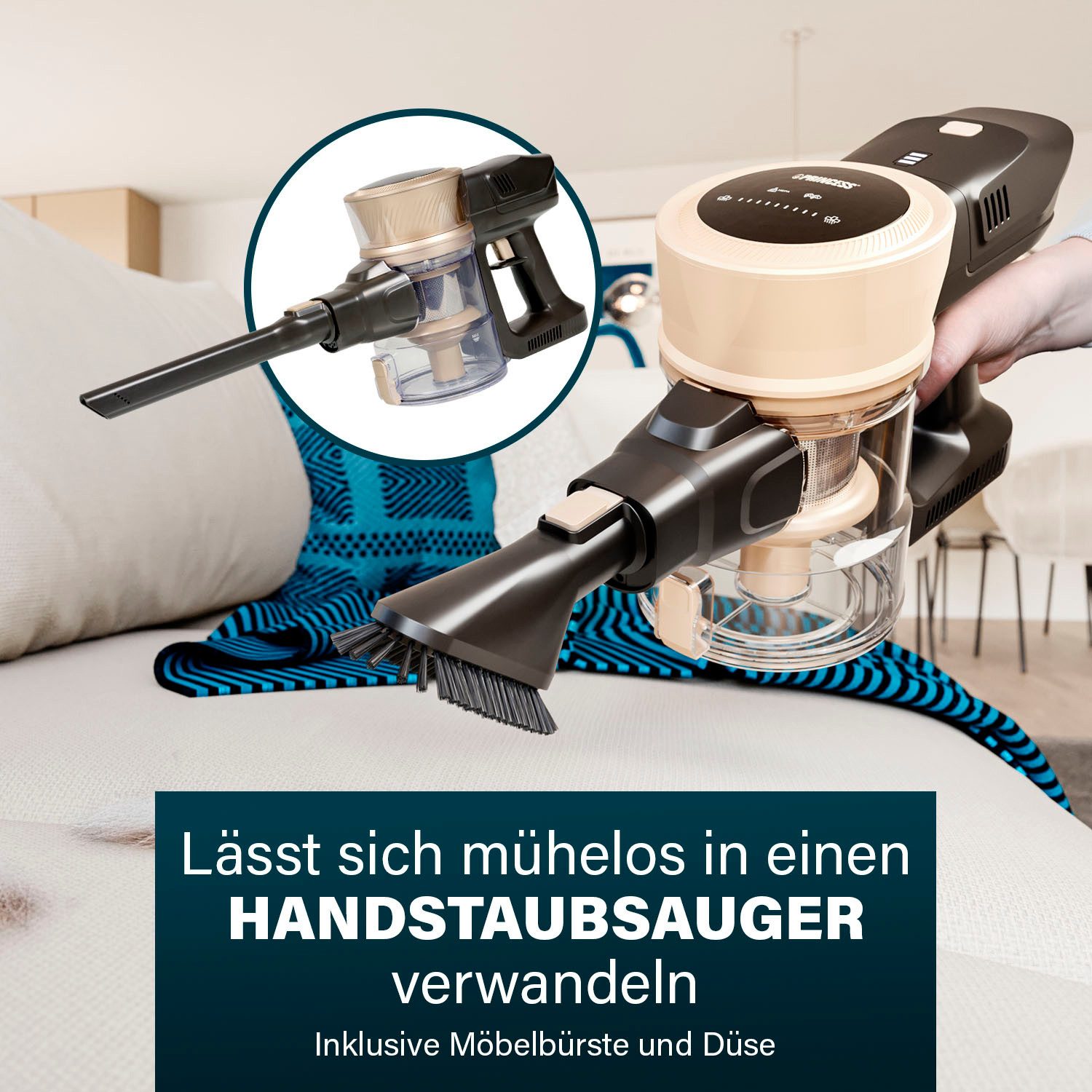 PRINCESS Stielstaubsauger 339395 Akku Ultimate Storm, 300 W, beutellos, 27 kPa, 45 min Laufzeit, BLDC-Motor, Tierhaare, Beutellos, 3 Stufen