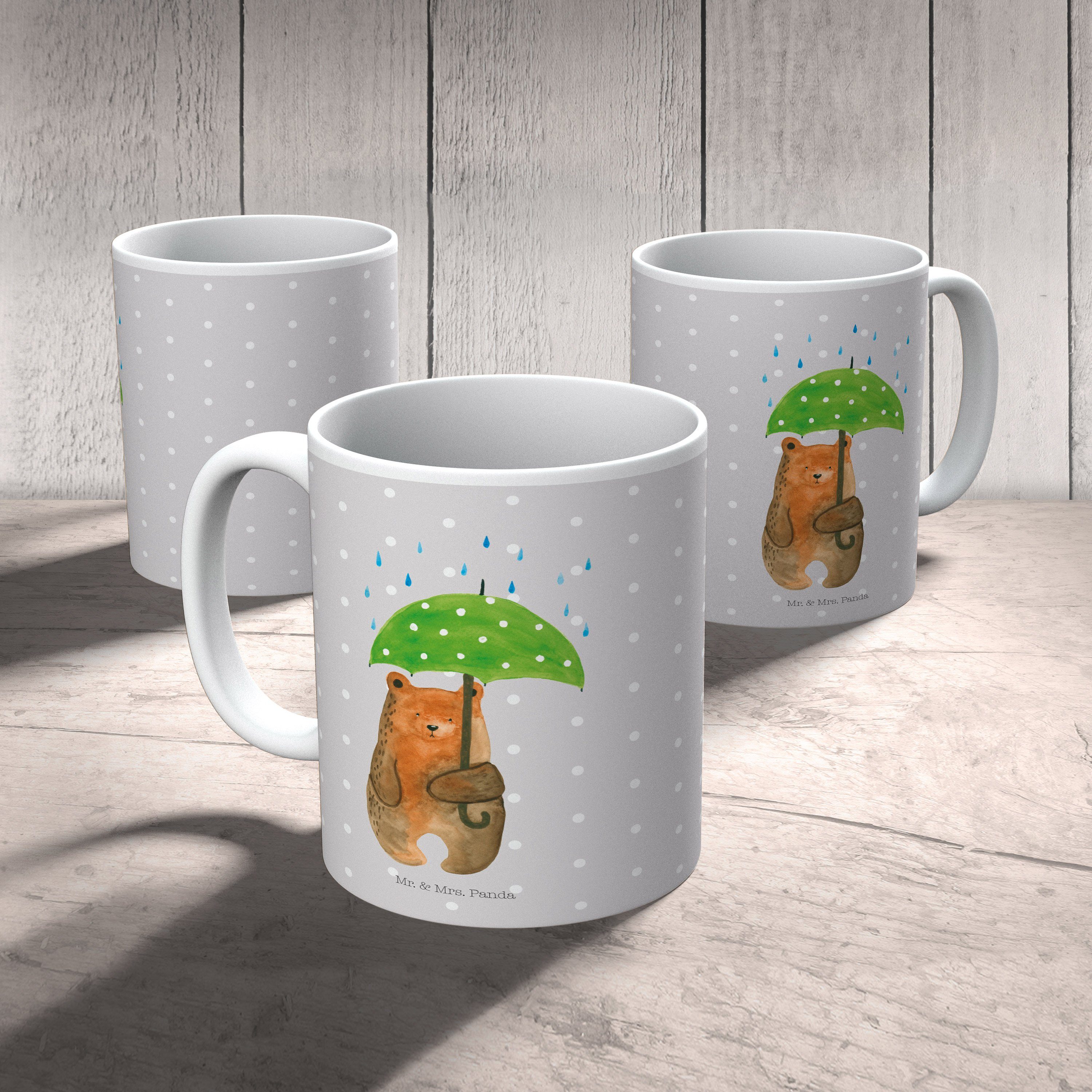 Tasse & Geschenk, - Pastell Spruch, Becher, Kaffee, Grau Bär mit Regenschirm Keramik Panda - Mrs. Mr.