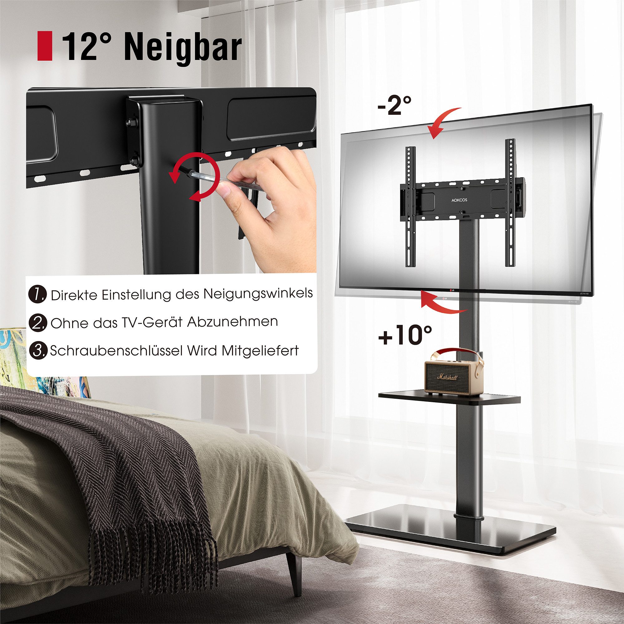 AOKCOS TV-Ständer Fernsehhalterung mit Ablage, 32-70 Zoll, (bis 70 Zoll, Tragfähigkeit bis 40 kg, höhenverstellbar, neigbar: -2° bis +10°, schwenkbar: ±30)