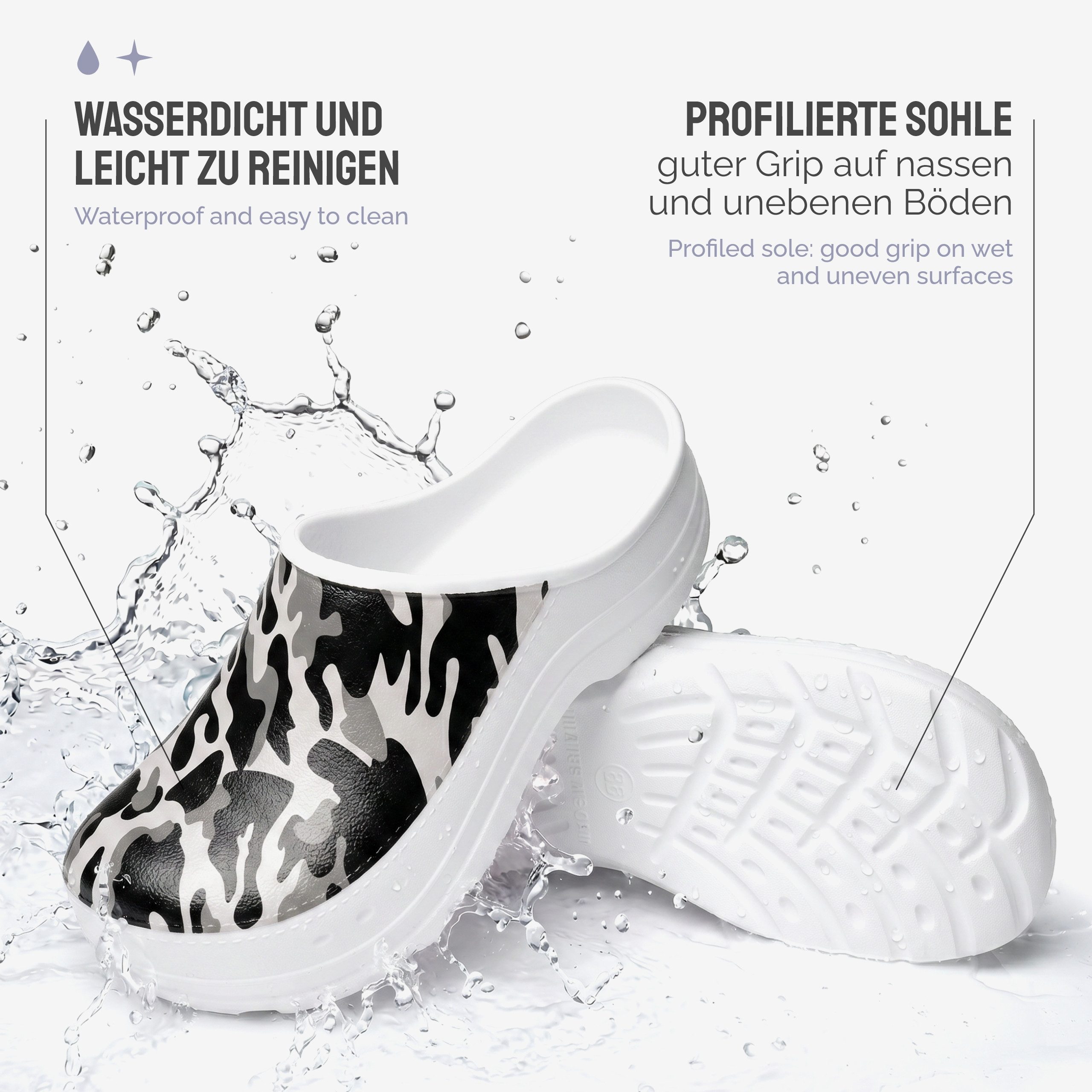 Ladeheid Gartenclogs für Damen Ultraleicht EVA Gemustert Gartenschuhe LA-CA-27 Clog (40 EU, Weiß/Tarnmuster) Wasserdicht & Flexibel