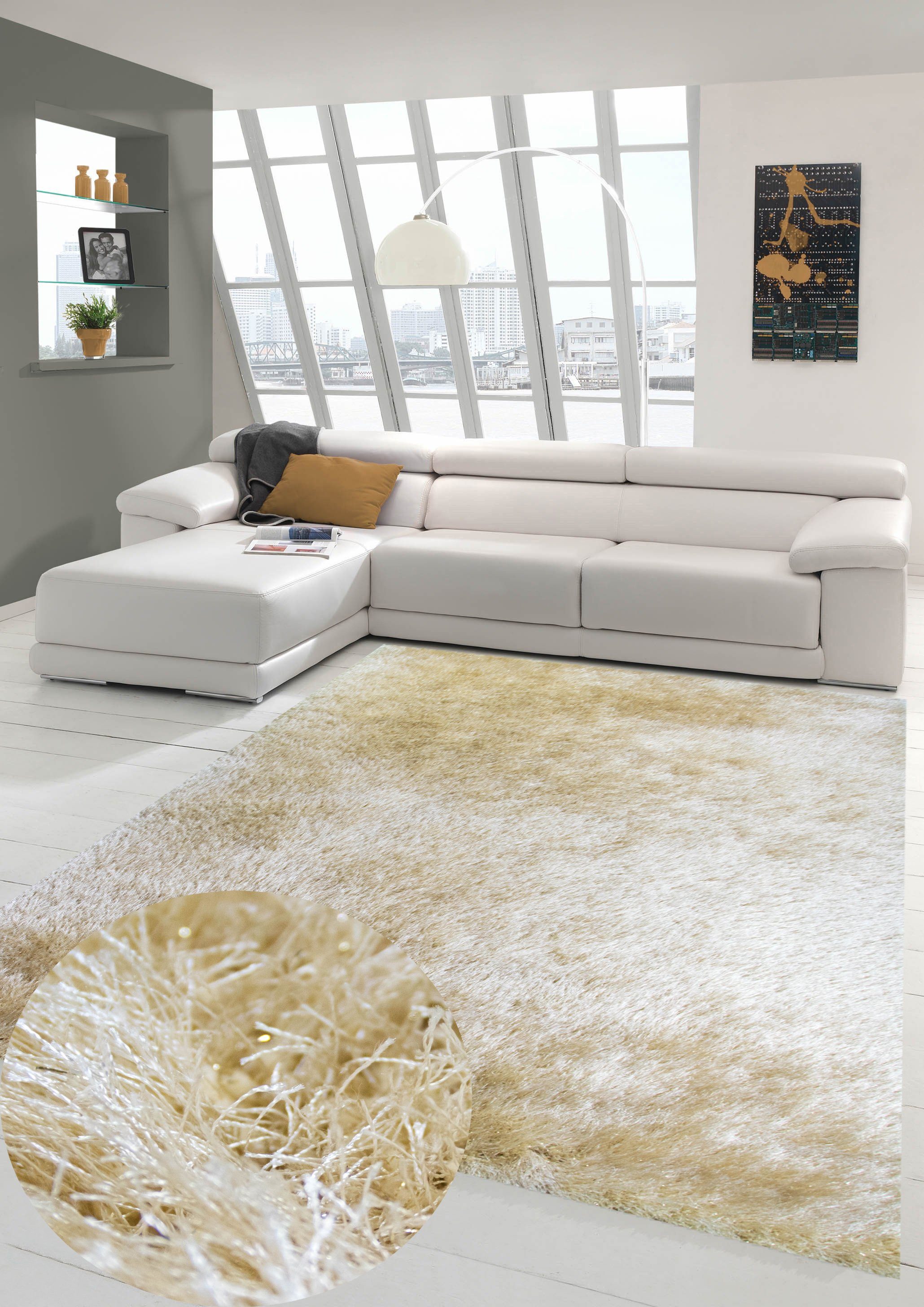 Hochflor-Teppich Wertvoller Shaggy Teppich Hochflor mit Glitzer in Gold,  Teppich-Traum, Rund, Höhe: 70 mm