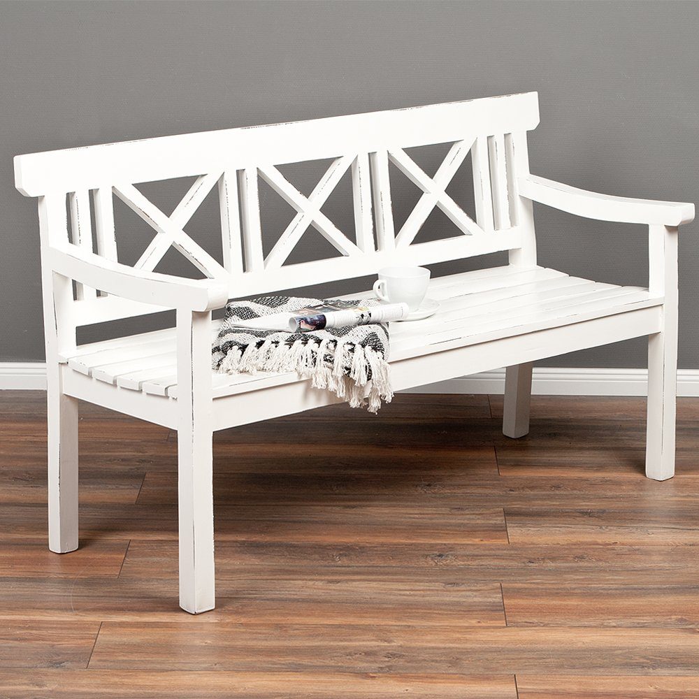 LebensWohnArt Sitzbank Massivholz 3-Sitzer Bank DRAHMA Antik-Weiß 150cm Shabby-Look