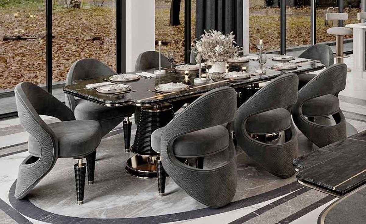 Grau - Esszimmer / Casa Casa mit Möbel - 8 Padrino / - 1 Luxus Schwarz Möbel Set Luxus Möbel Esszimmer & Luxus Esszimmerstühle Restaurant Tischplatte Luxus Kunstmarmor Padrino Gold Esszimmer-Set Möbel - Esstisch