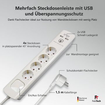 FeinTech Mehrfachsteckdose 4-fach (Ein- / Ausschalter, USB-Anschlüsse, Schalterbeleuchtung, Überspannungschutz, Kabellänge 1.5 m), Flachstecker