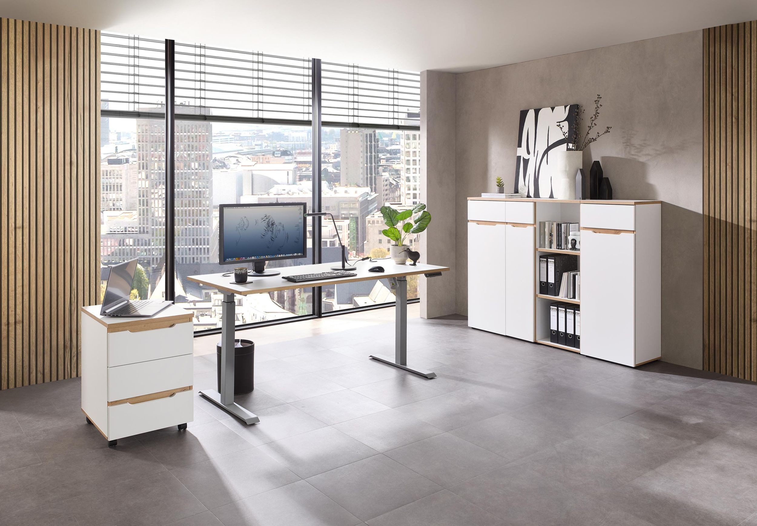 Innostyle Büromöbel-Set Büroset MEMPHIS VI 5-teilig Weiß – Ergonomisch höhenverstellbar, (Komplett-Set, 5-tlg., 2x Schrank, 1x Regal, 1x Schreibtisch, 1x Rollcontainer)