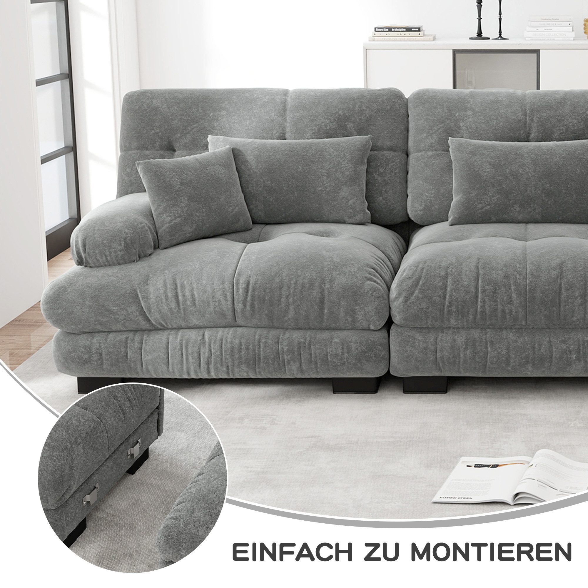 HAUSS SPOLE Schlafsofa für Wohnzimmer aus Chenille,Relaxsofa 4-Sitzer mit Kissen,Grau