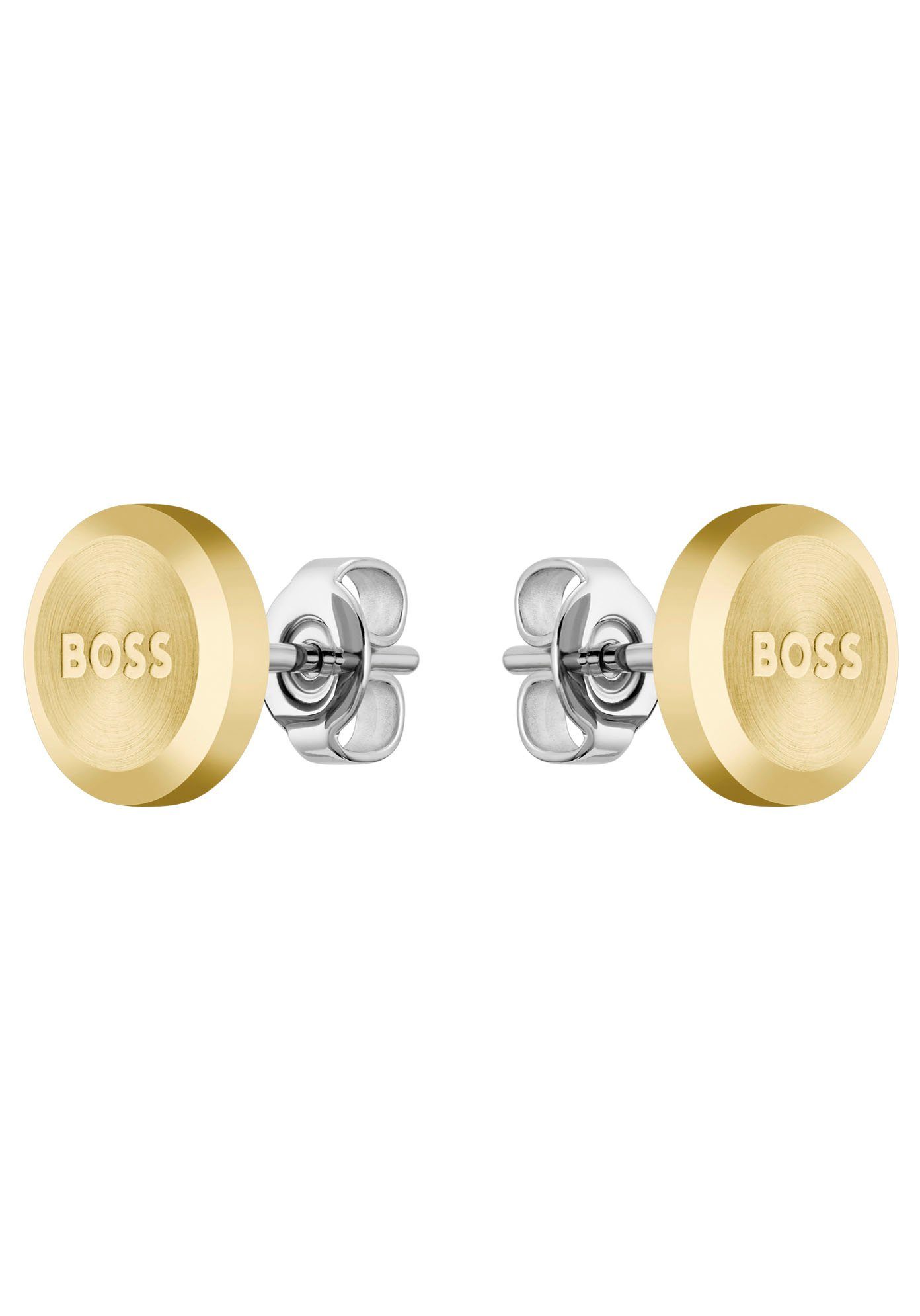 BOSS Paar Ohrstecker Schmuck Edelstahl Ohrschmuck Ohrringe YANN, zu Hoodie, Shirt, Jeans, Sneaker, Underwear, HUGO, BOSS ORANGE! gelbgoldfarben