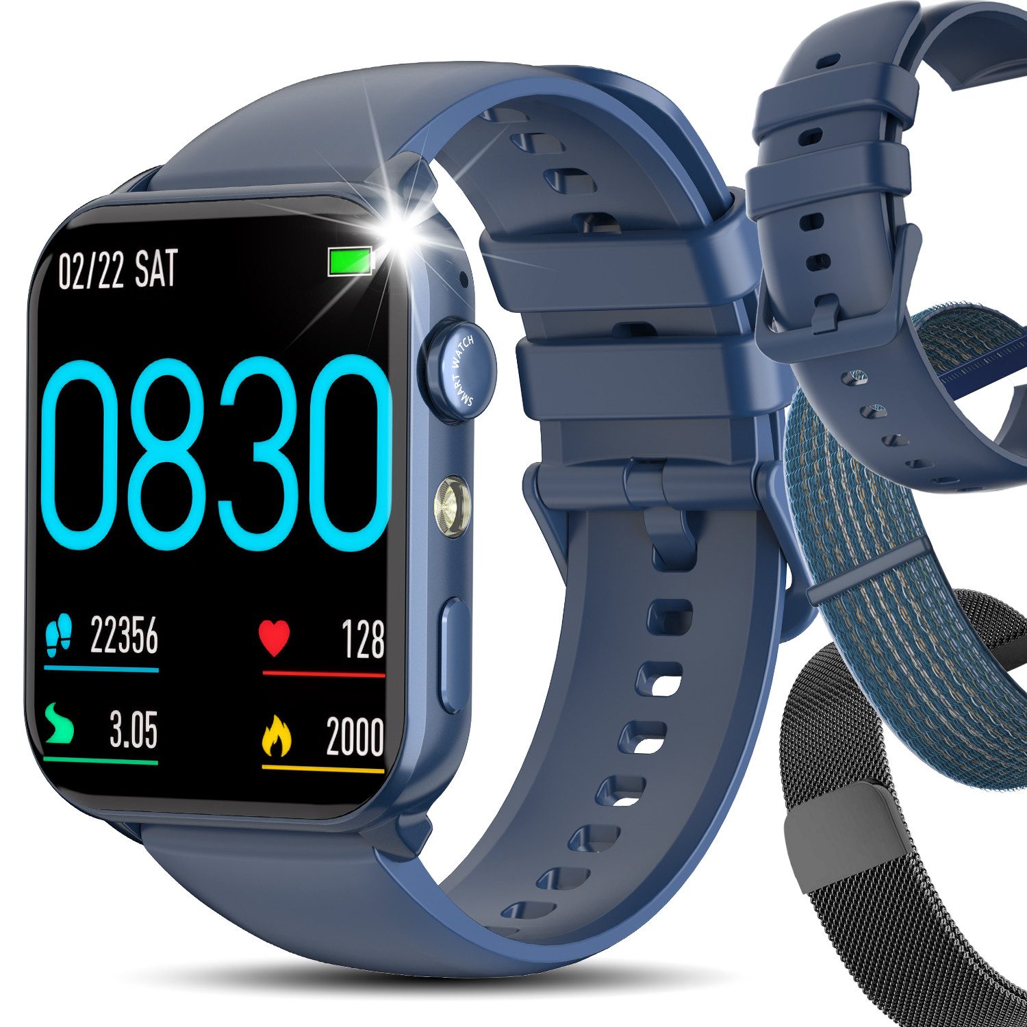 IOWODO Smartwatch Damen Herren 1,91" HD Touch, mit LED Lampe& Bluetooth Anruf Smartwatch, 3xRiemen (Metallarmband+Silikonarmband+Geflochtenesband) und Ladekabel, 5 Tage Akku,350 mAh,SpO₂/HR/Schlaf,App-Fitnesskurse,Schrittzähler,IP68