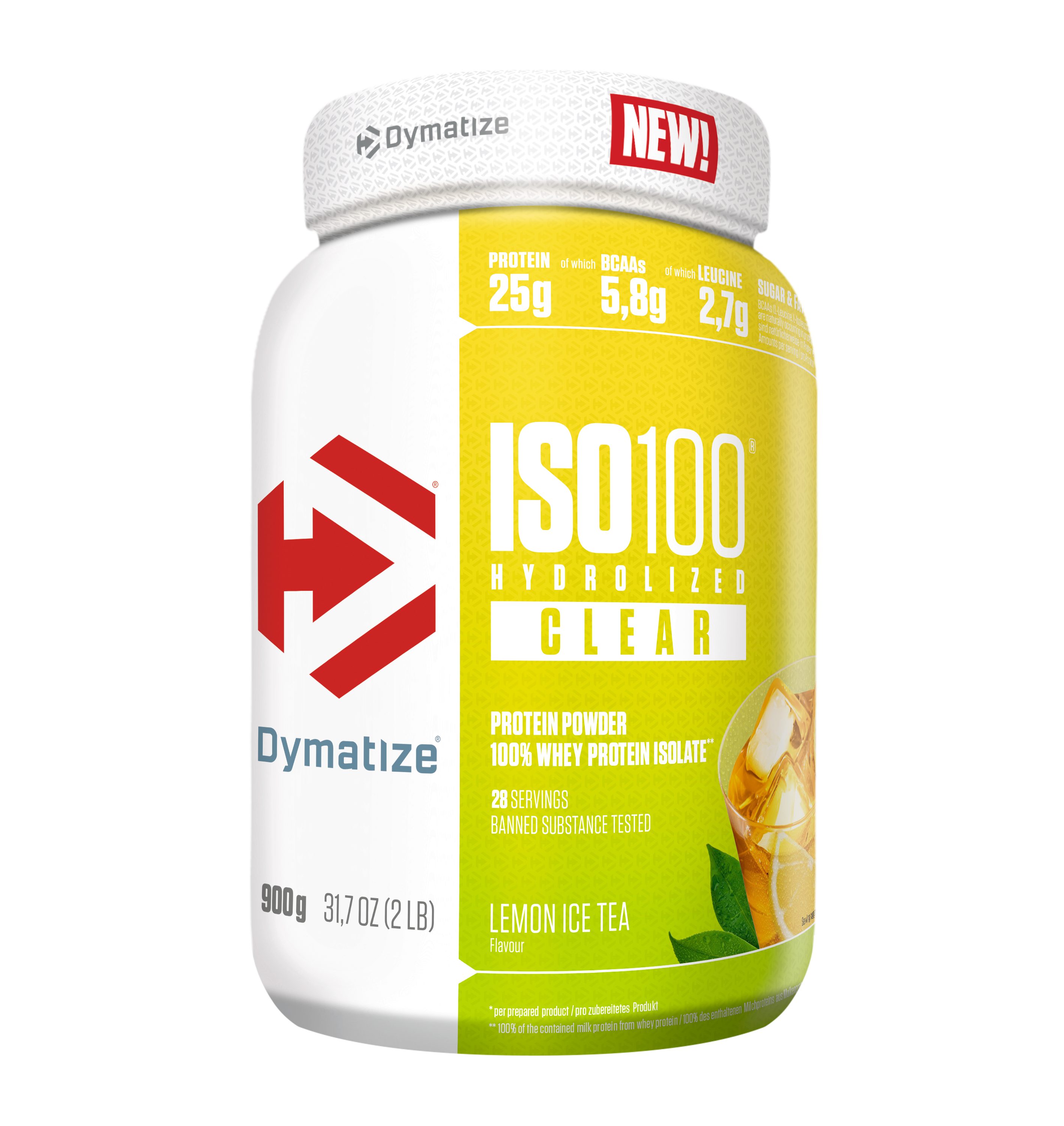 Dymatize Whey Protein Pulver Shake ISO 100 Hydrolyzed Clear Lemon Ice Tea 900 g Pulver, 1 er Dose à 1 St., 900 g, bis zu 5,9 g BCAAs pro Portion