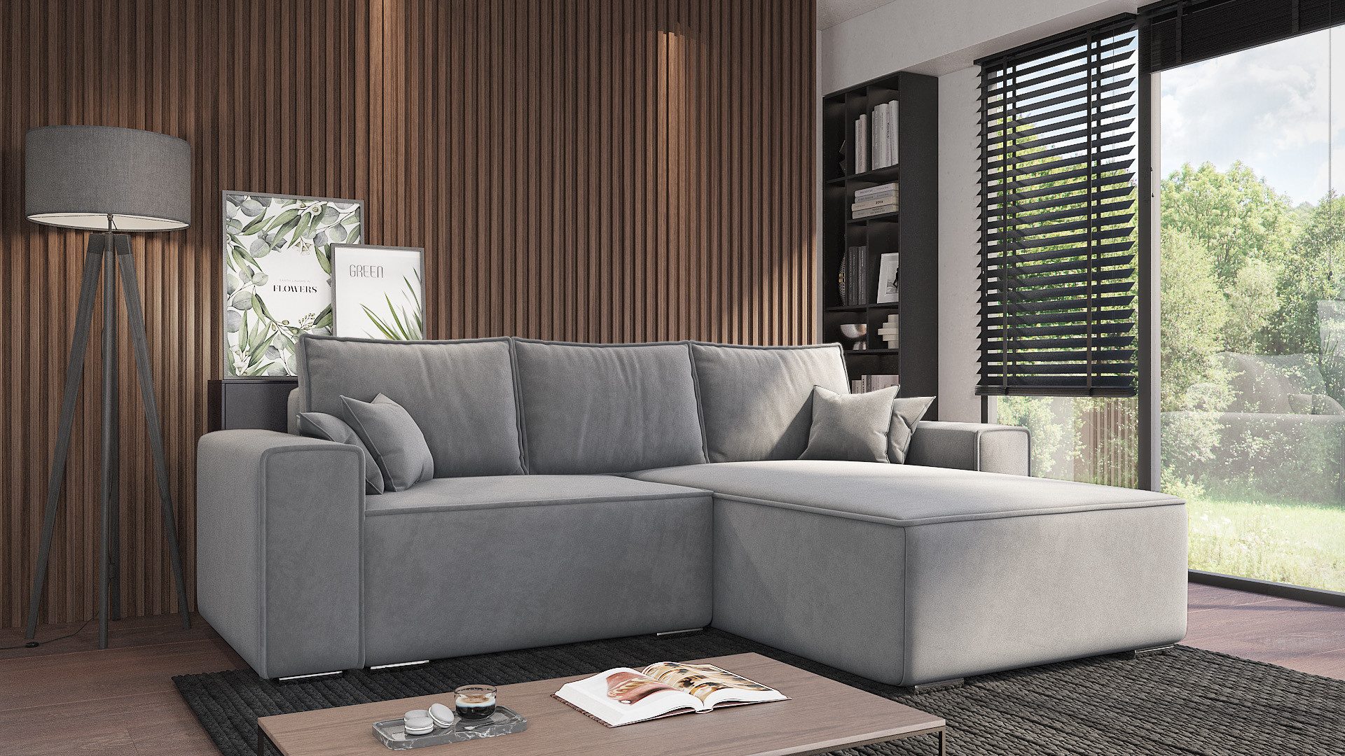 Goldstoff Ecksofa Oslo mit Schlaffunktion, L-Form mit Bettkasten und Federkern, Eckcouch, Chrombeine,Schlaffunktion,Federkern