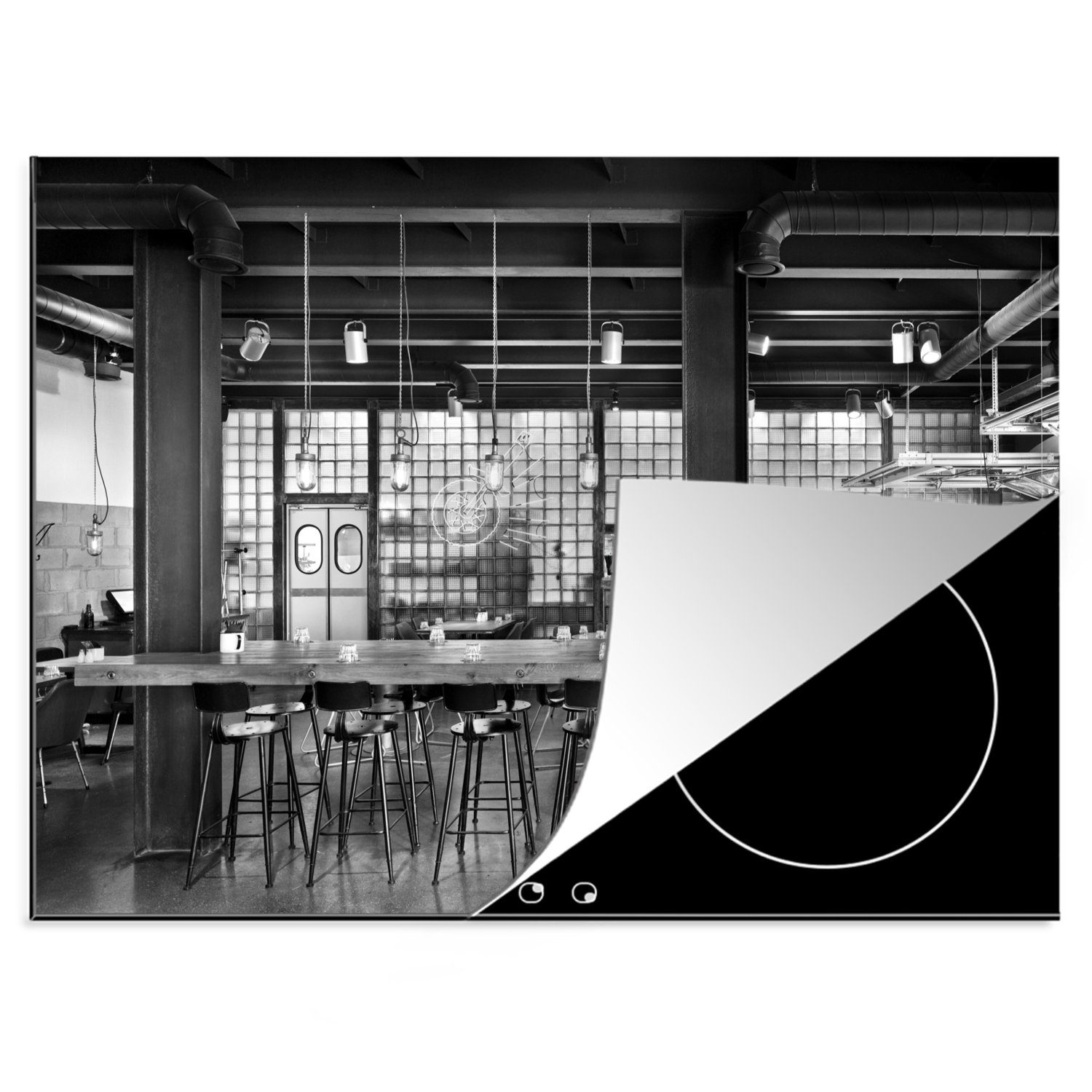 MuchoWow Herdblende-/Abdeckplatte Restaurant mit industriellem Interieur - schwarz und weiß, Vinyl, (1 tlg), 70x52 cm, Mobile Arbeitsfläche nutzbar, Ceranfeldabdeckung