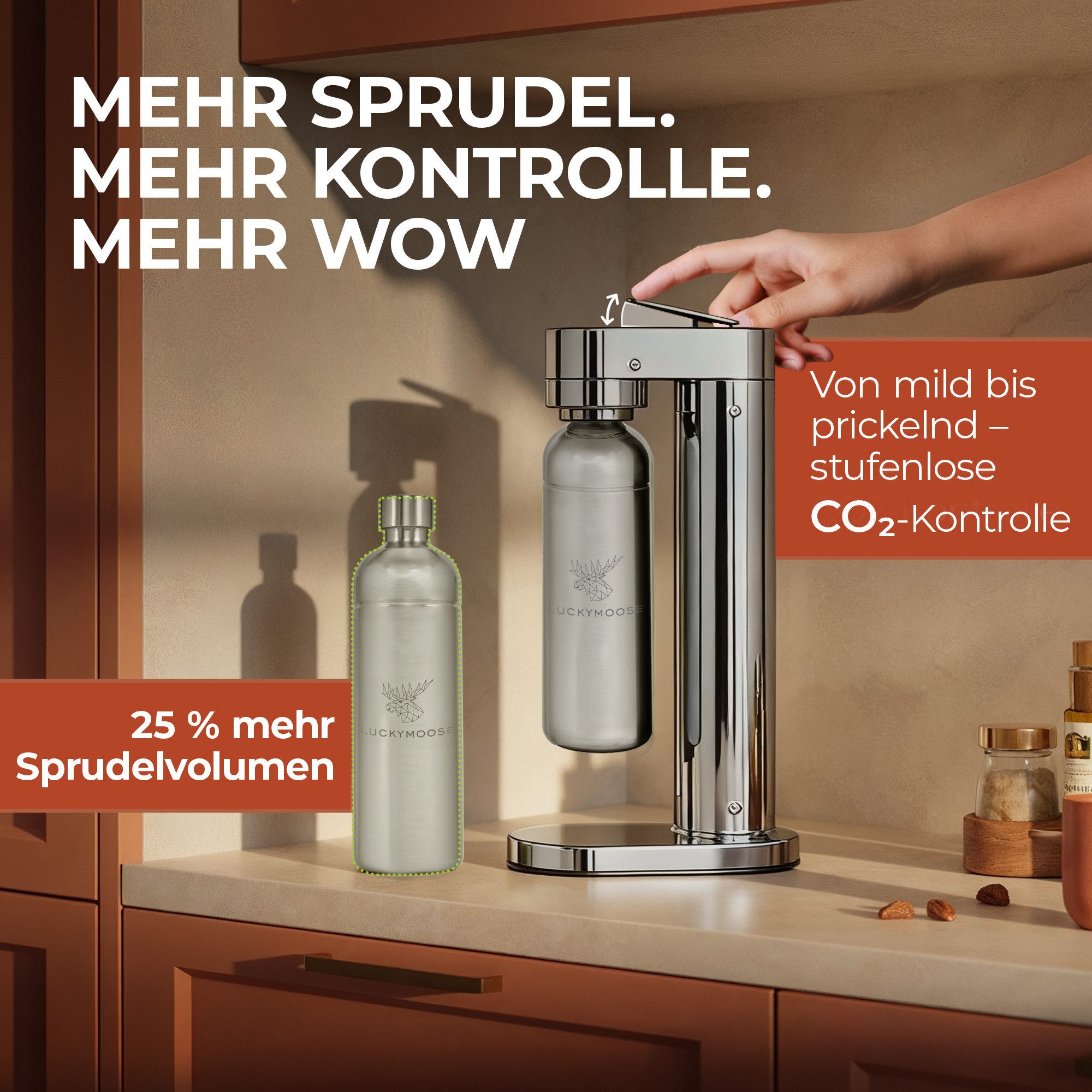 Luckymoose Wassersprudler Infinity-S mit 2x 1,25L langlebige Edelstahlflaschen, (2xSilber-tlg), Spart bis zu 25% CO2, Flaschen spülmaschinenfest & ohne Ablaufdatum
