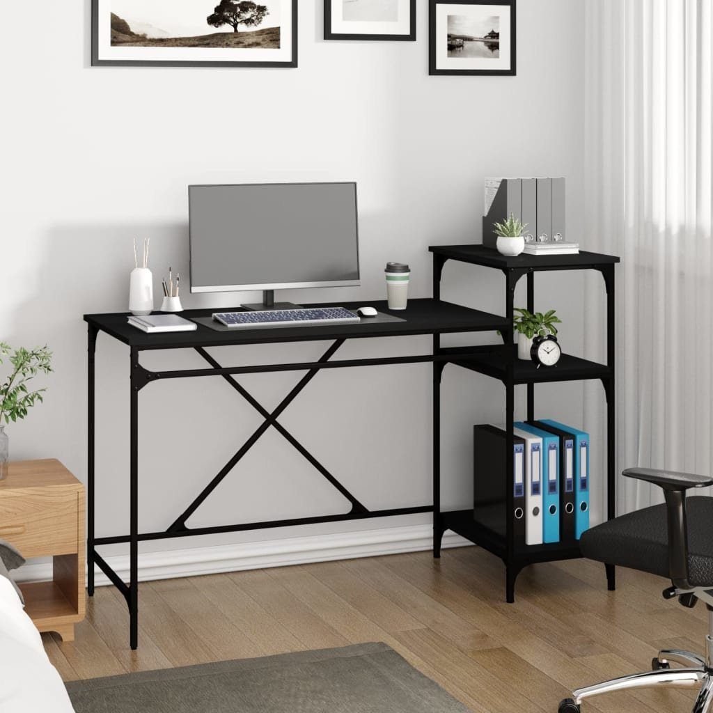 furnicato Schreibtisch mit Regal Schwarz 135x50x90 cm Holzwerkstoff Eisen