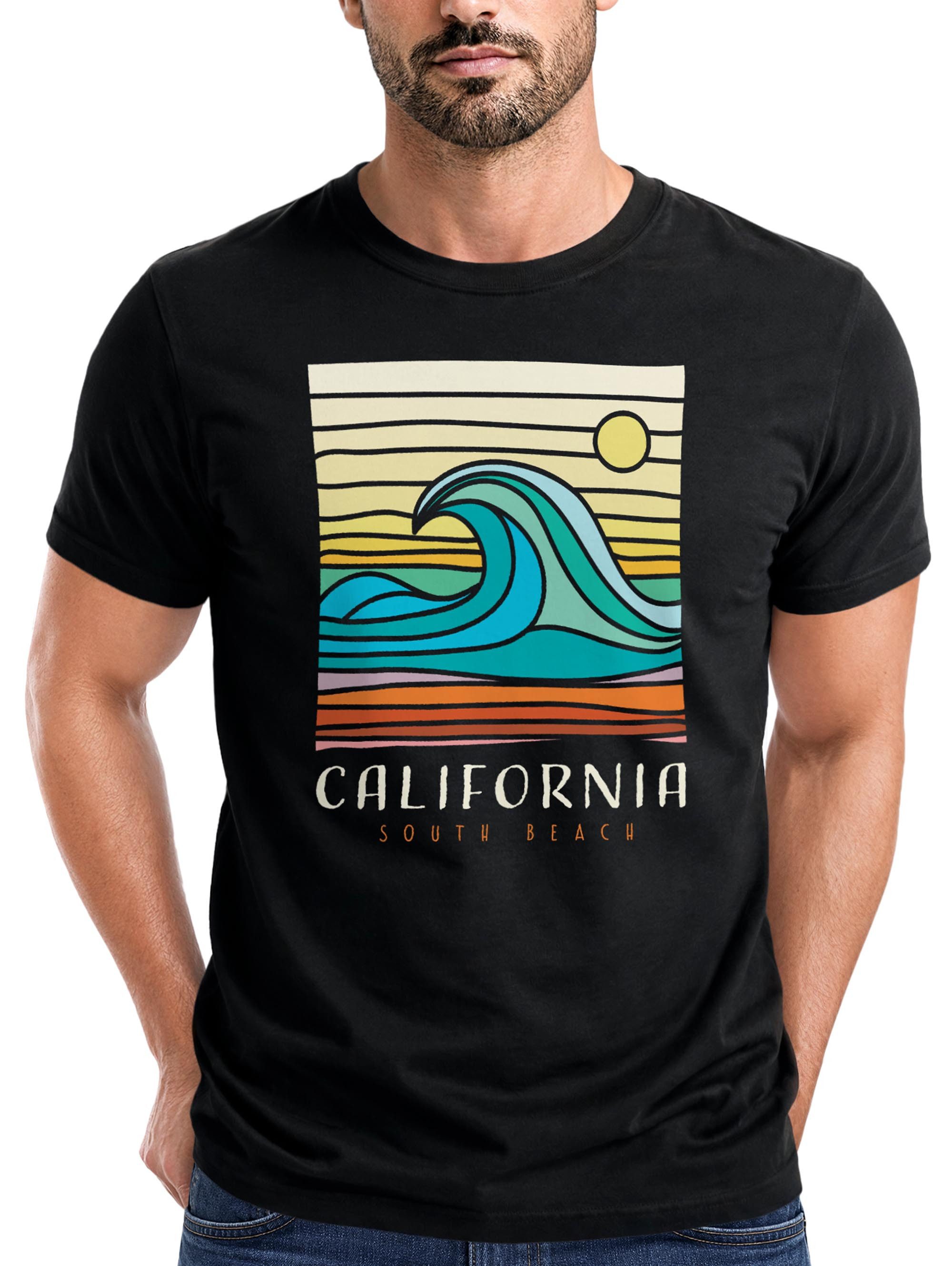 Neverless Print-Shirt Herren T-Shirt California South Beach Welle Wave Surfing Print mit Print