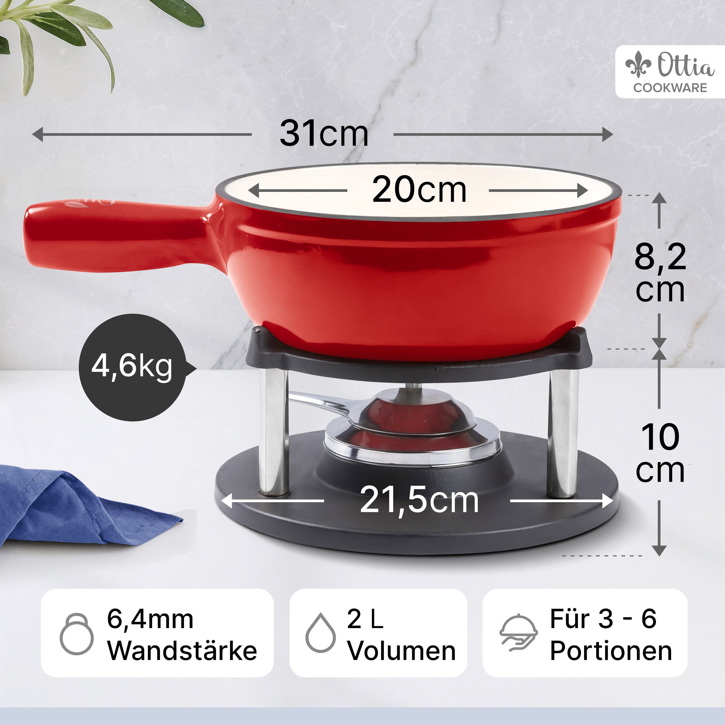 Ottia Fondue Gusseisen Fondue Set für 2, 3, 4, 5, 6 Personen, Langlebig und robust. 5 Jahre Garantie