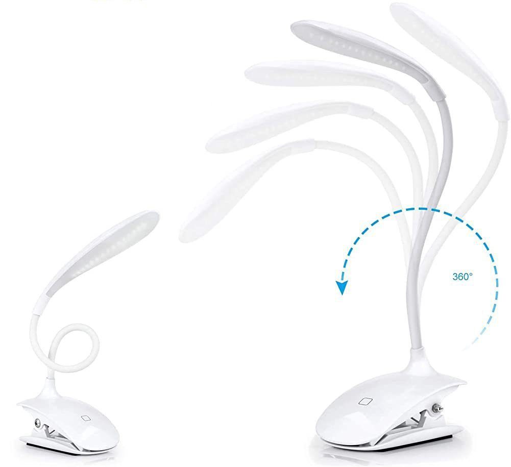 Leway LED Leselampe »Led-Buch-Leselampe – wiederaufladbare Klemm-Schreibtischlampe  mit USB-Kabel, 3 Helligkeitsstufen zur Auswahl – weiß«