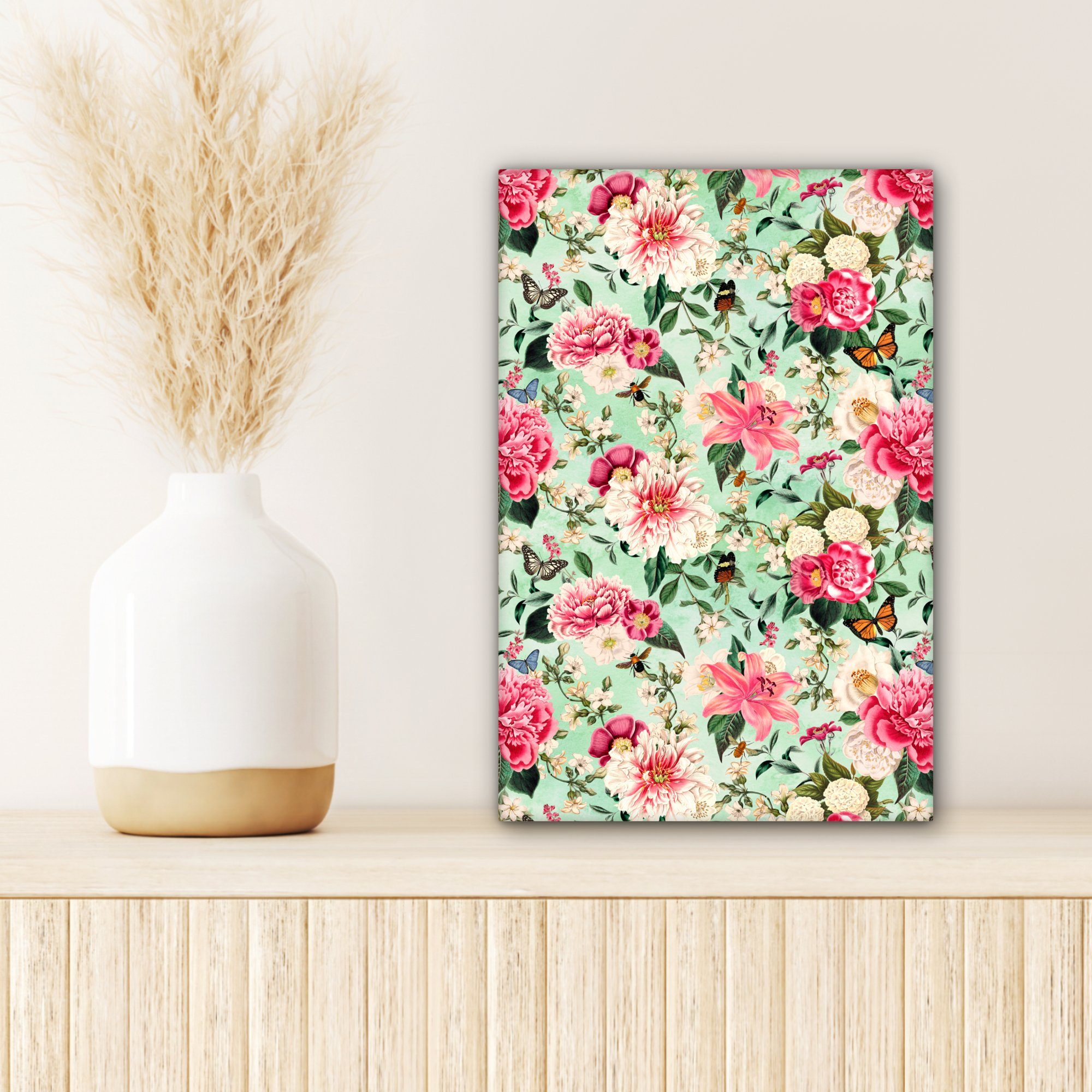 Leinwandbild cm OneMillionCanvasses® inkl. Gemälde, St), bespannt fertig (1 Zackenaufhänger, 20x30 - Rosa Schmetterling, Leinwandbild - Blumen