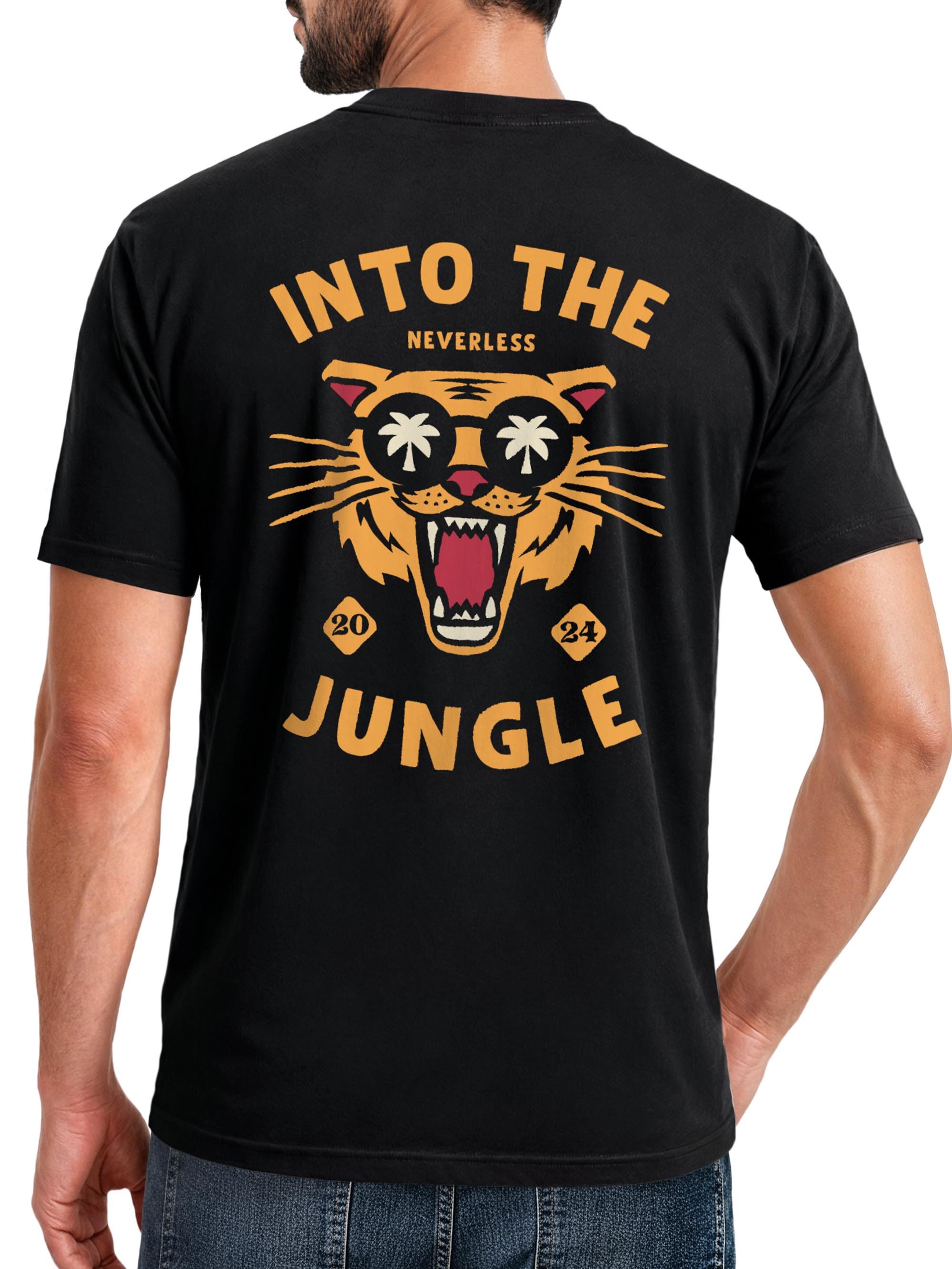 Neverless Print-Shirt Herren T-Shirt Backprint Tiger Spruch Into the Jungle Palme Sommer mit Print
