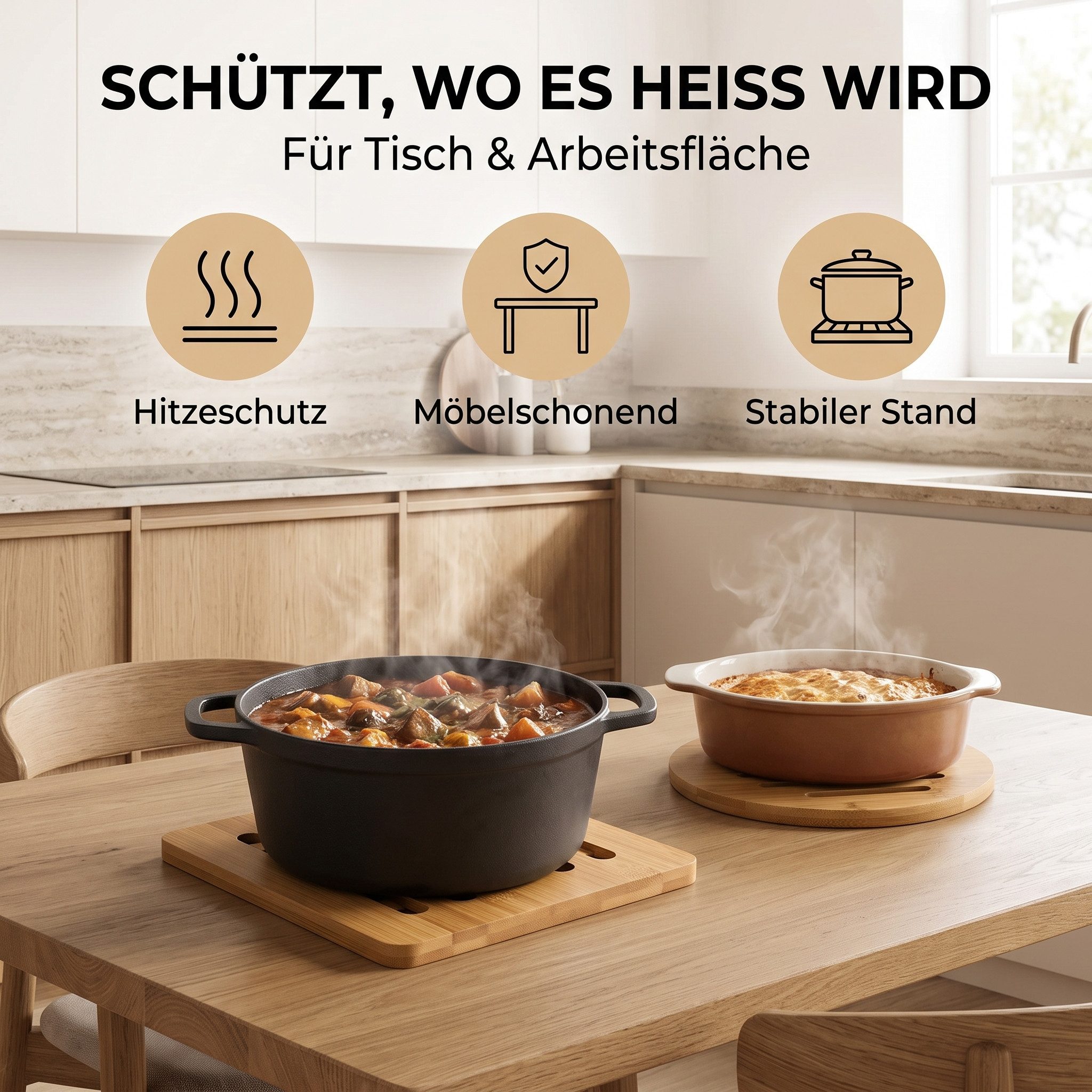 hausleben Topfuntersetzer Bambus-Untersetzer 4er Set 16x16 cm, eckig & rund, Zubehör für Töpfe, Pfannen, Teekannen, Auflaufformen, Set, 4-tlg., 16L x 16B x 1D cm