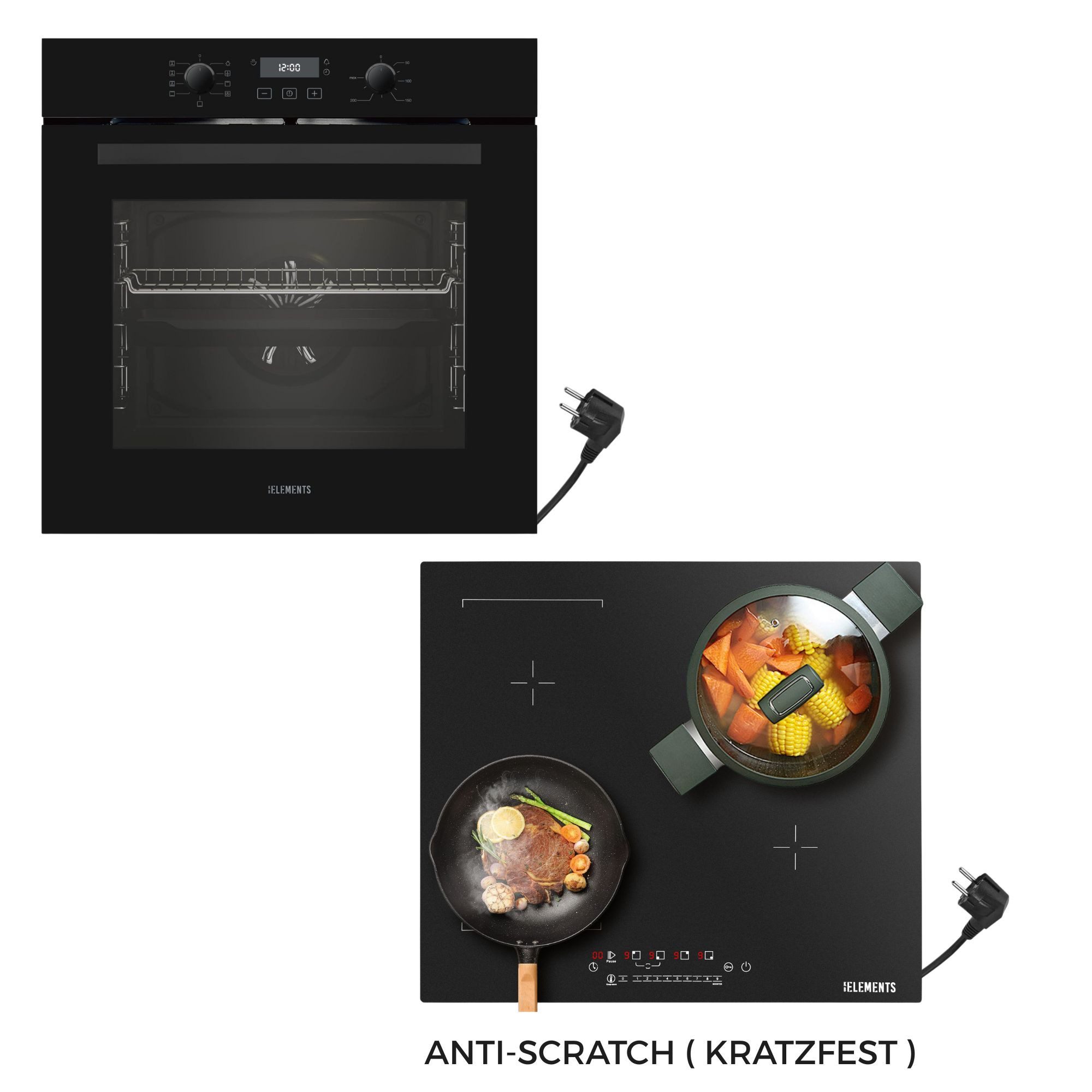 KB Elements Induktions Herd-Set KB-ELEMENTS Herdset Backofen 60cm, Kratzfestes Induktionskochfeld 60cm, Aqua Clean, Circle Fan Heater, Einfache Installation, Warmhaltefuntion