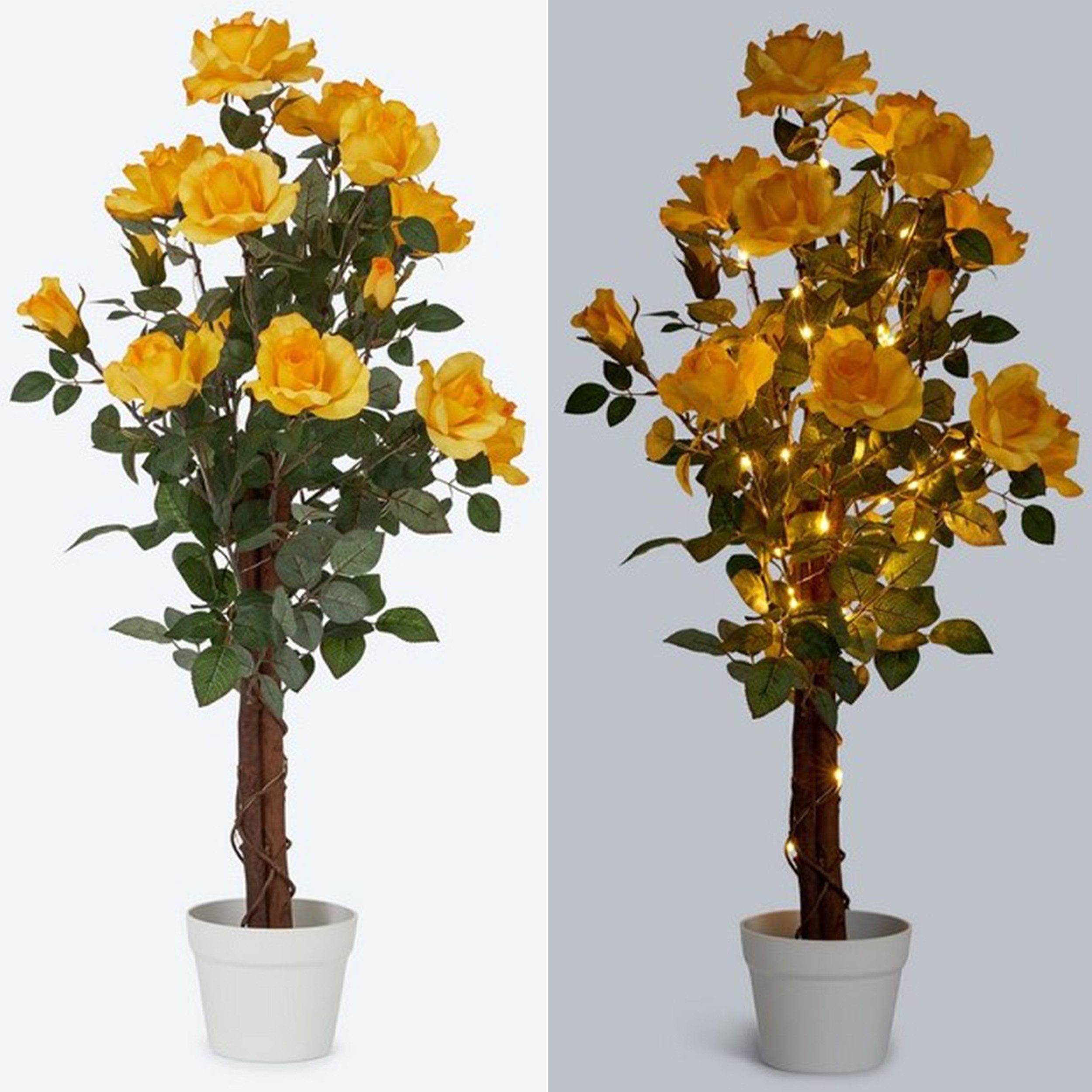 Kunstpflanze Rosenbaum mit LED-Beleuchtung - Künstliche Blumen, Pflanzen im Topf Rosen, Online-Fuchs, 90 cm Höhe Gelb