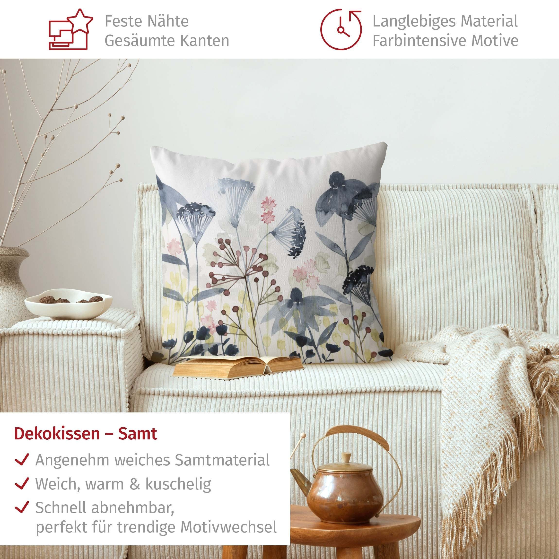 Bilderdepot24 Dekokissen drinnen Kissenhülle/ Sofakissen/ Zierkissen Kissenhülle weiss Blumen L, Bezug Aquarell mit / ohne Füllung Zierkissen Outdoor Sofa Bett