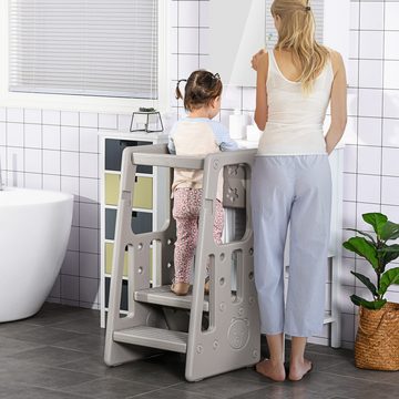 HOMCOM Stehhilfe Lernturm für Baby Tritthocker für 1.5+ Jahre Kinder Jahre, Grau (Trittschemel, 1 St), 47L x 47B x 90H cm