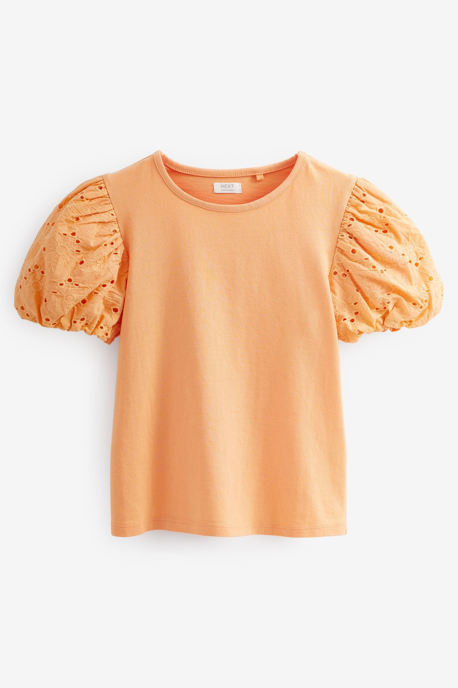 Next T-Shirt T-Shirt mit Puffärmeln und Lochstickerei (1-tlg) Orange