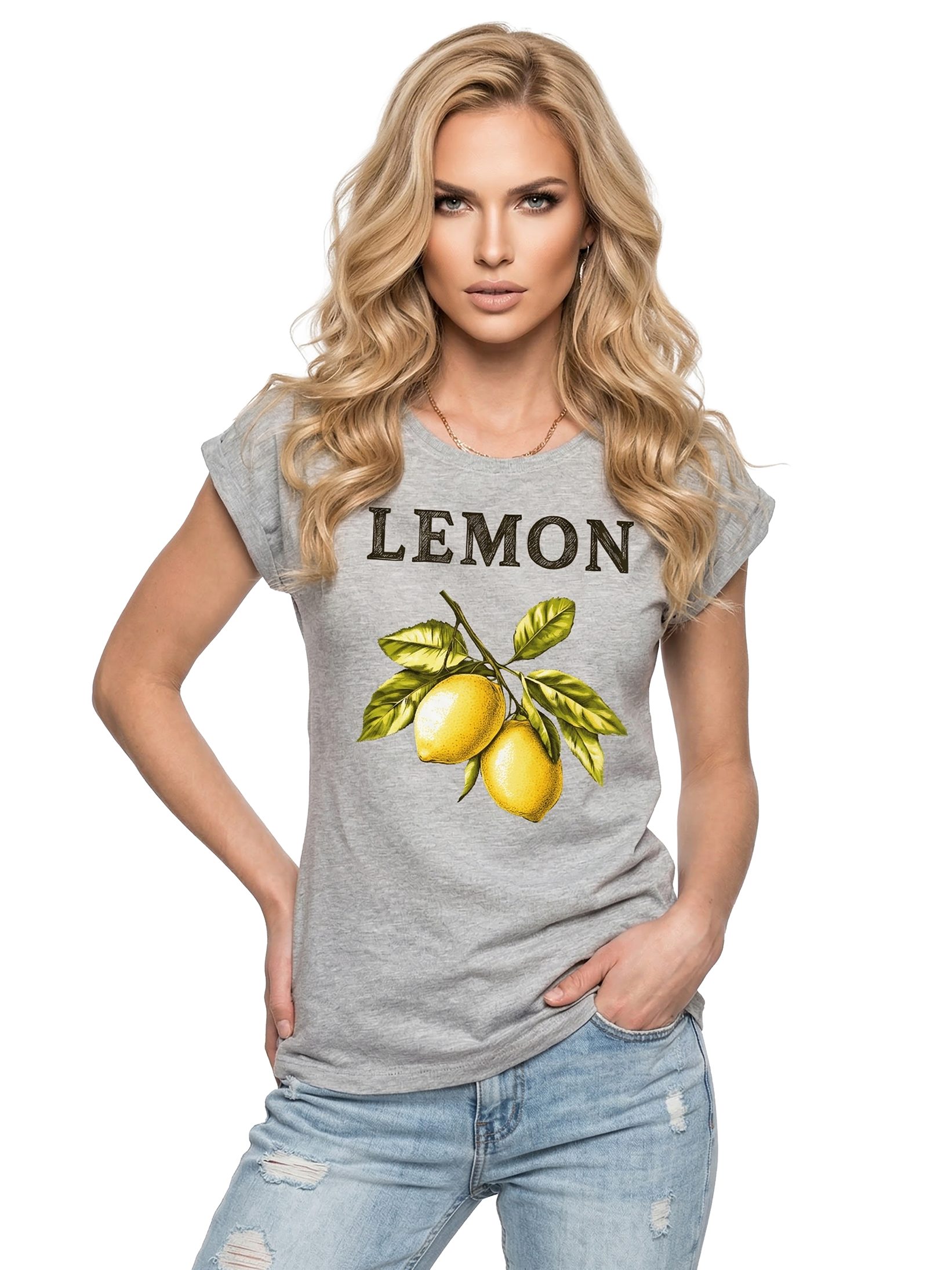 MAKAYA Kurzarmshirt mit Zitronen Print für Damen Modern Lässig Elegant (Weiß, Rosa, Grau, Grün, 34, 36, 38, 40, 42, 44, 46, 48, 50) aus Baumwolle