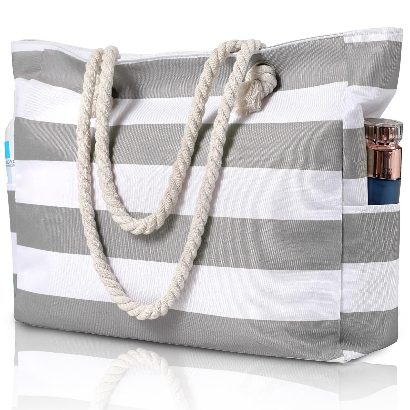 MOPUEA Strandtasche Groß Badetasche Freizeittasche Wasserdicht mit Reißverschluss (Badetasche Damen Strandtasche Damen Beach Tote Bag, 1-tlg., 48*15*34cm Doppelte Seitentaschen Damen Strand Einkaufstasche), Tasche mit Reißverschluss für Strand Reisen Eink
