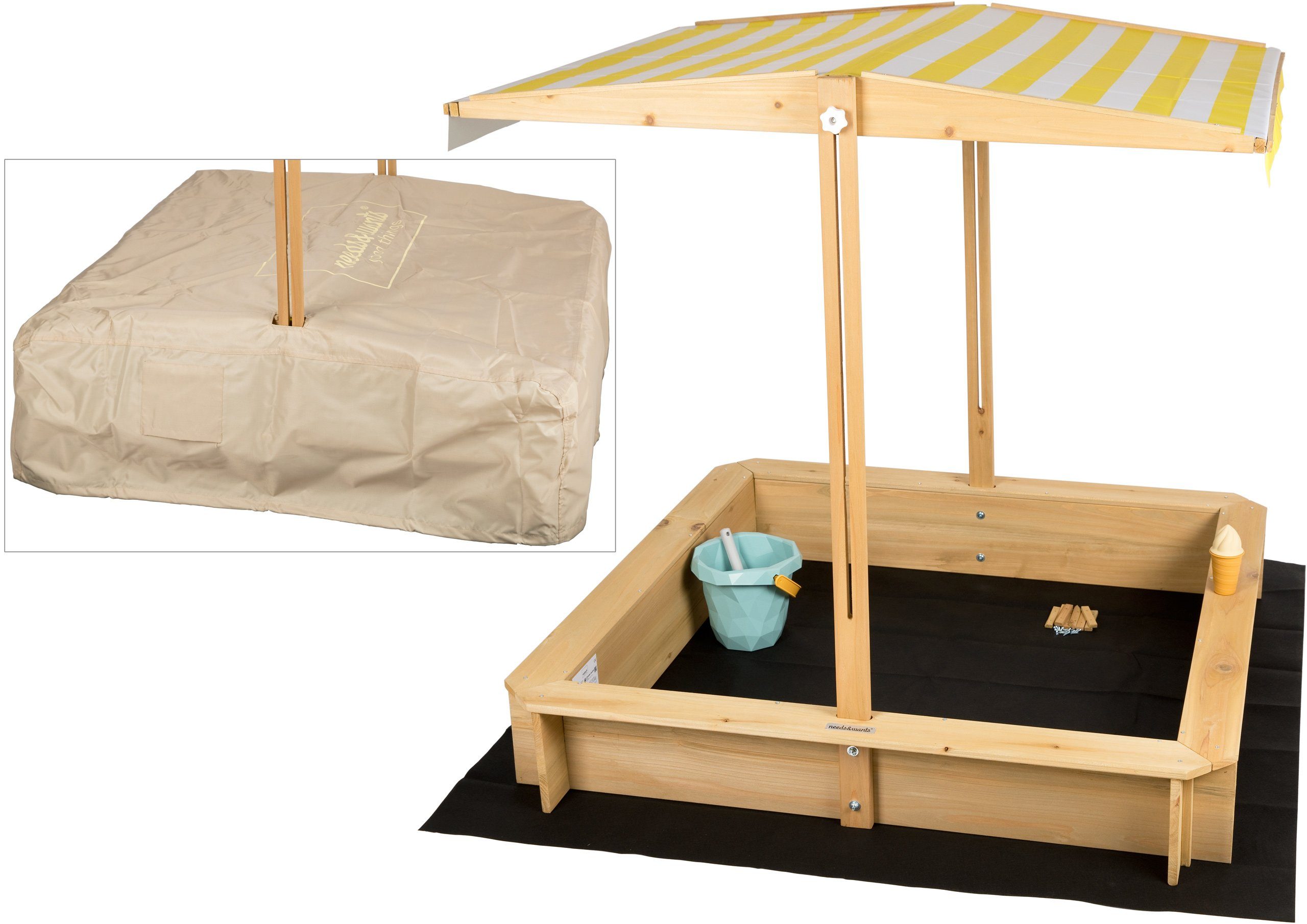 needs&wants® Sandkasten mit Dach Abdeckung Boden Bänken Vlies-Folie Sandkiste Holz rechteckig, mit Deckel Sandbox quadratisch Kinder, gelb weiß braun