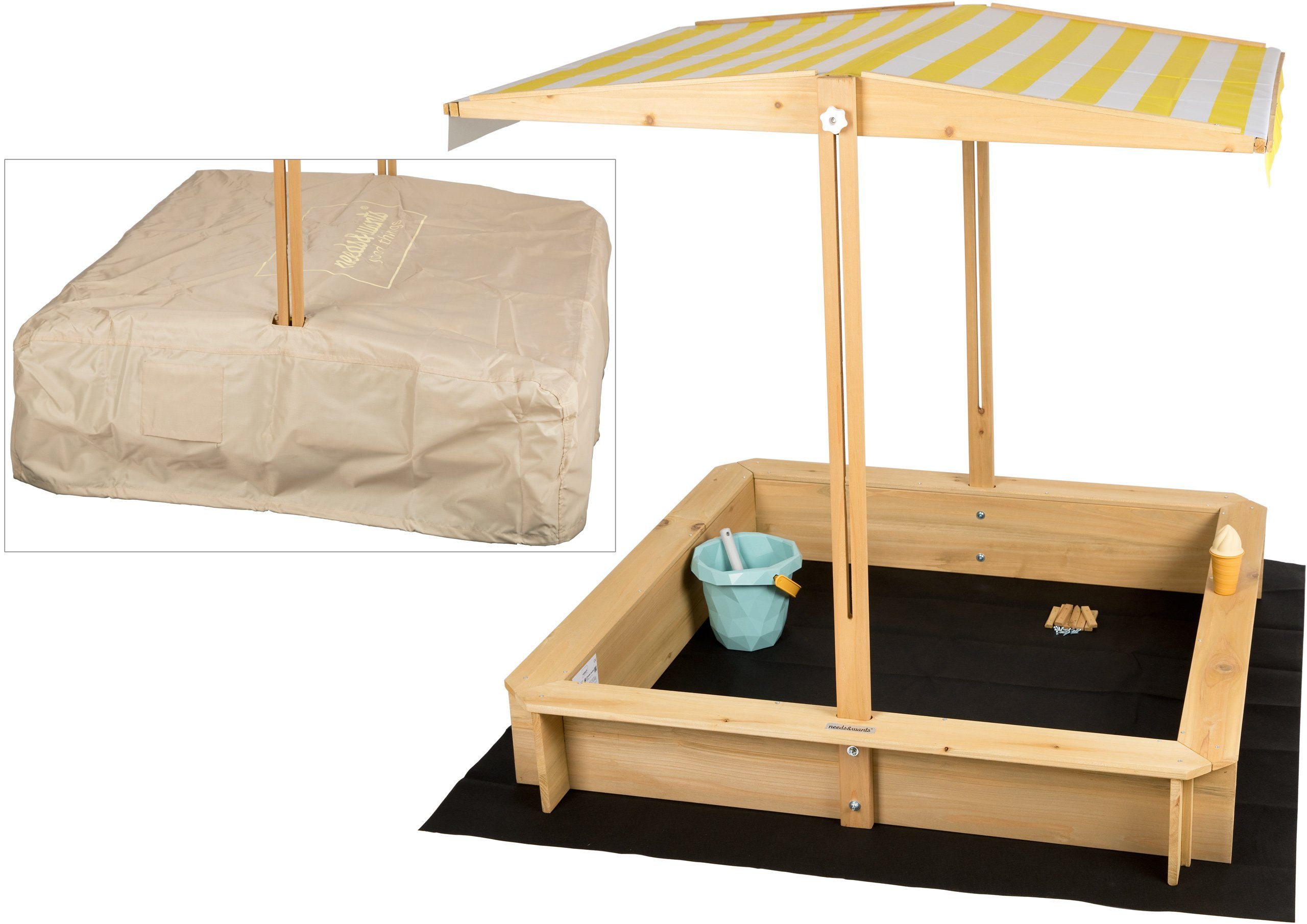 needs&wants® Sandkasten mit Dach, TextilAbdeckung und Boden Vlies