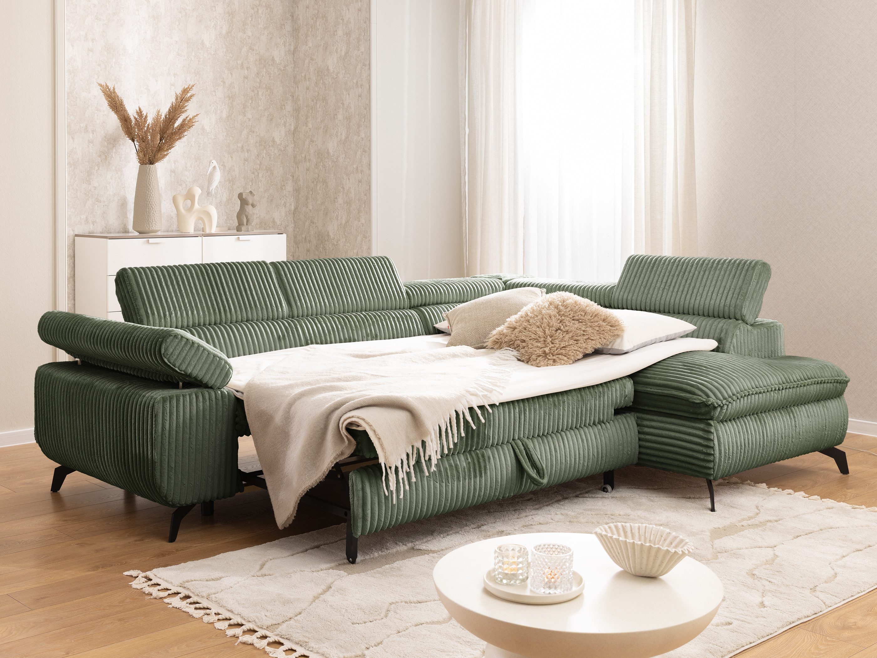 S-Style Möbel Ecksofa Bonnie mit Schlaffunktion Bettkasten und Kopfteilverstellung, mit Wellenfederung, Cord-Stoff