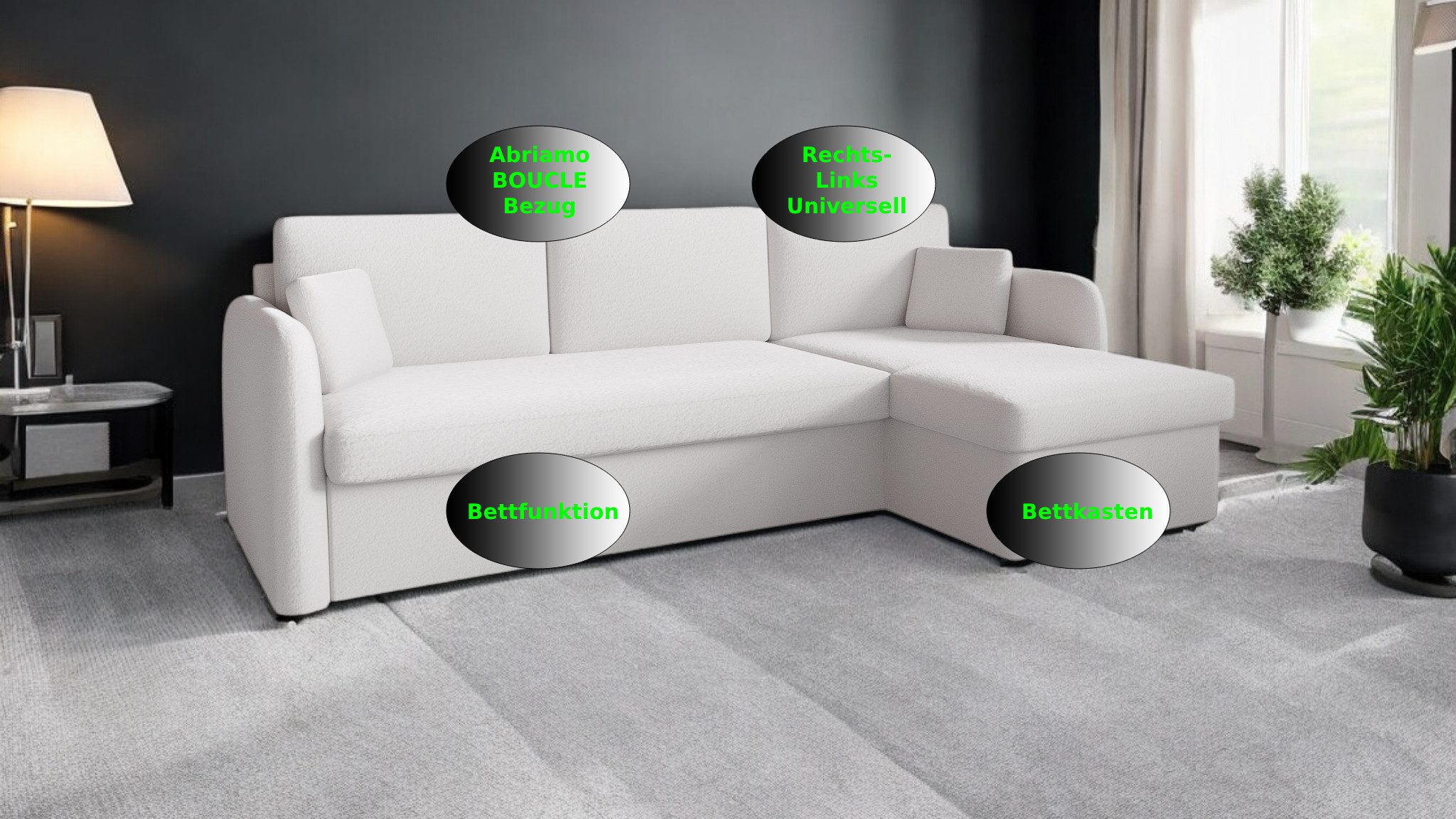 M-Punkt24 Ecksofa Nice, Abriamo - Boucle Ecru Hell, mit Bettfunktion, Bettkasten, Ottomane Rechts / Links Universell