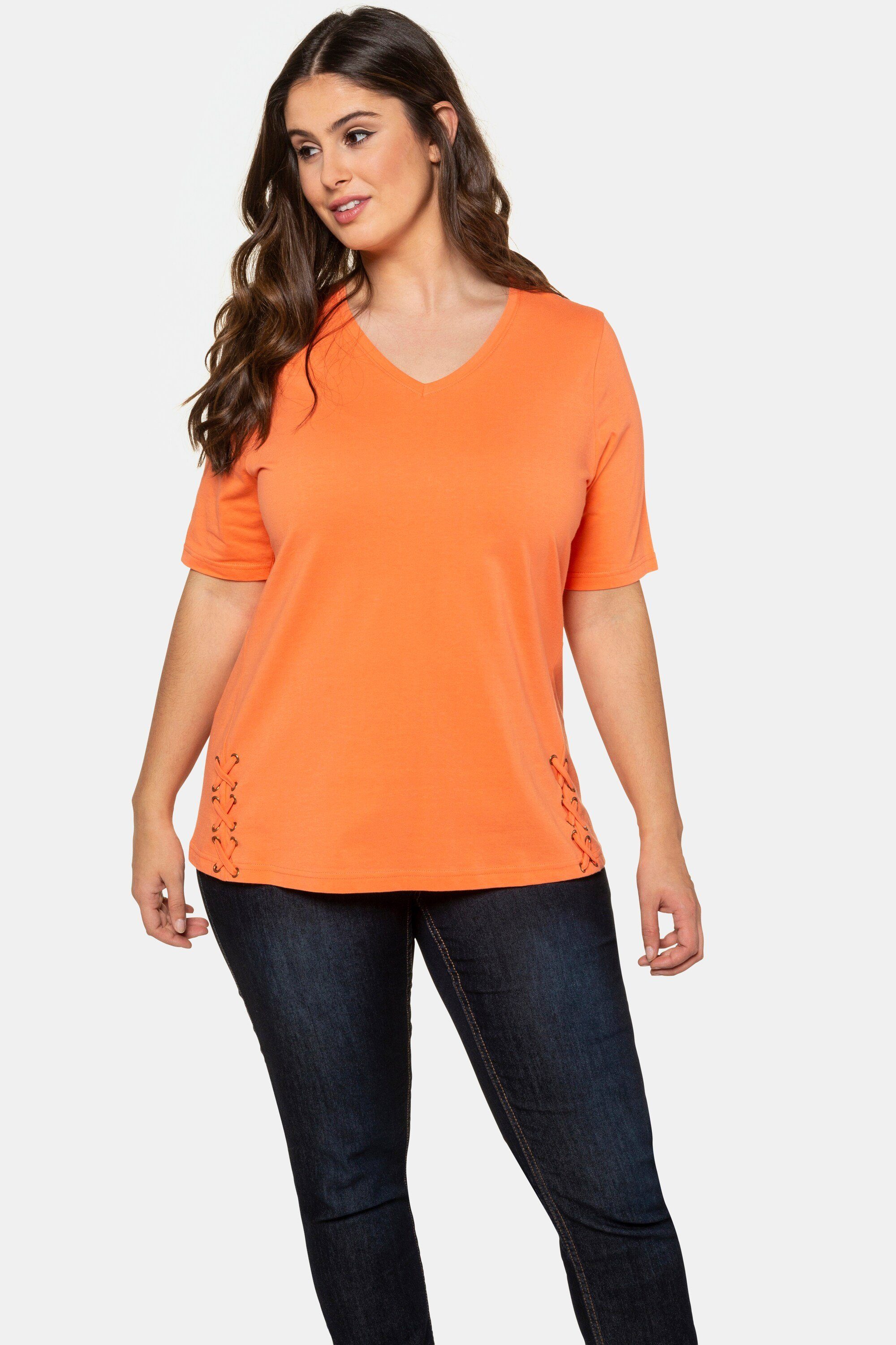 Ulla Popken Rundhalsshirt T-Shirt Saum-Schnürungen Classic V-Ausschnitt