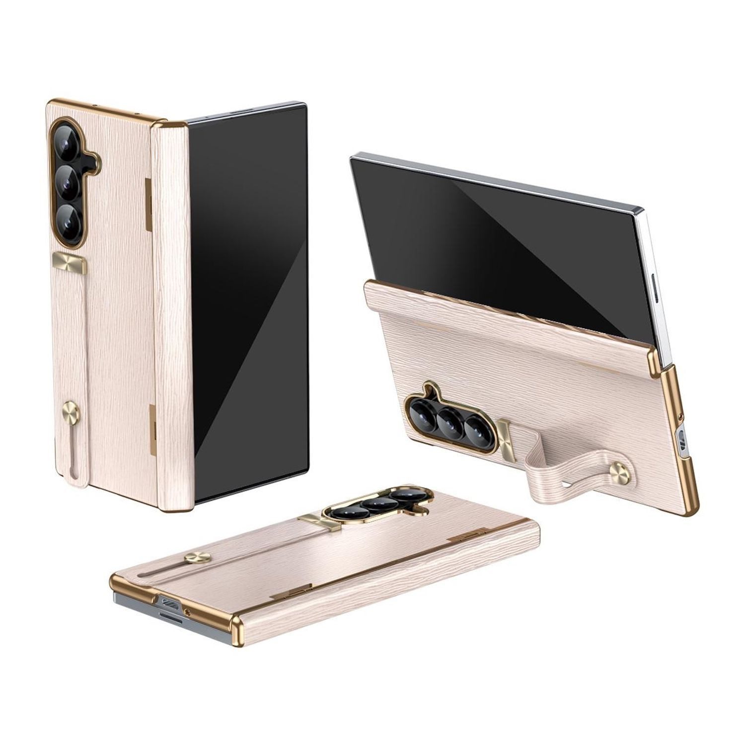Wigento Handyhülle Für Samsung Galaxy Z Fold7 Design Leder Hülle mit Handriemen Pink, Leder Hülle mit einziehbarem Handriemen und integriertem Ständer