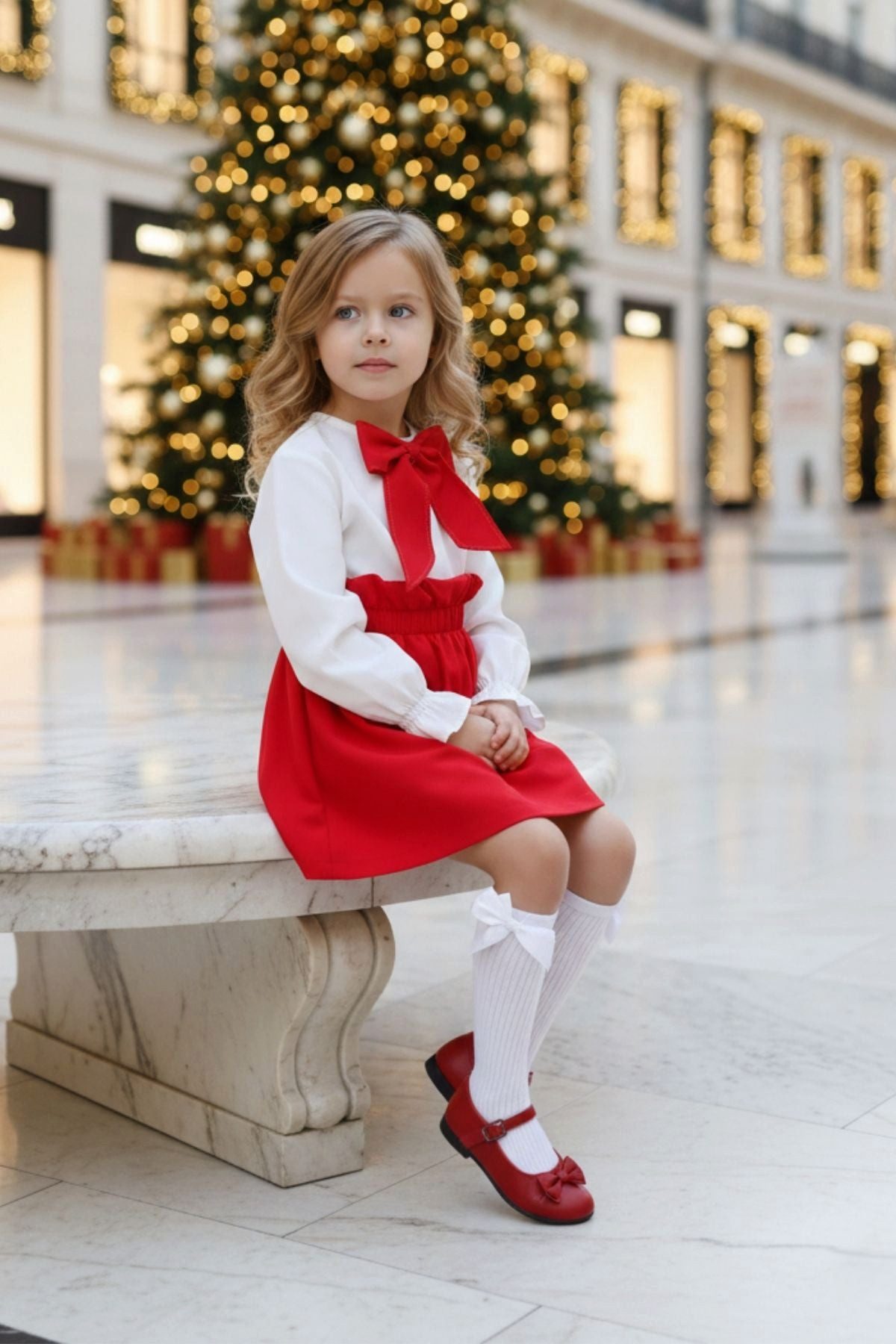 Parla Kids Shirt & Rock Set Laura - roter Rock mit Raffung und weißer Bluse mit roter Schleife