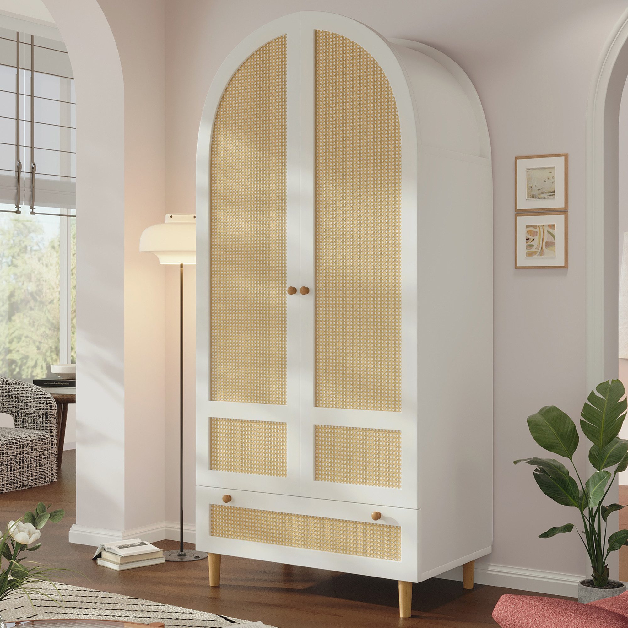 STILVORA Highboard Kleiderschrank mit Schublade Schlafzimmerschrank in Rattan-Optik (Multifunktionsschrank mit Rattan-Front und Stauraum, Rattan-Geflecht, Massivholzgriffe, Bodenfreiheit, Schrankraum), Für Wohnzimmer, Küche, Flur, Schlafzimmer